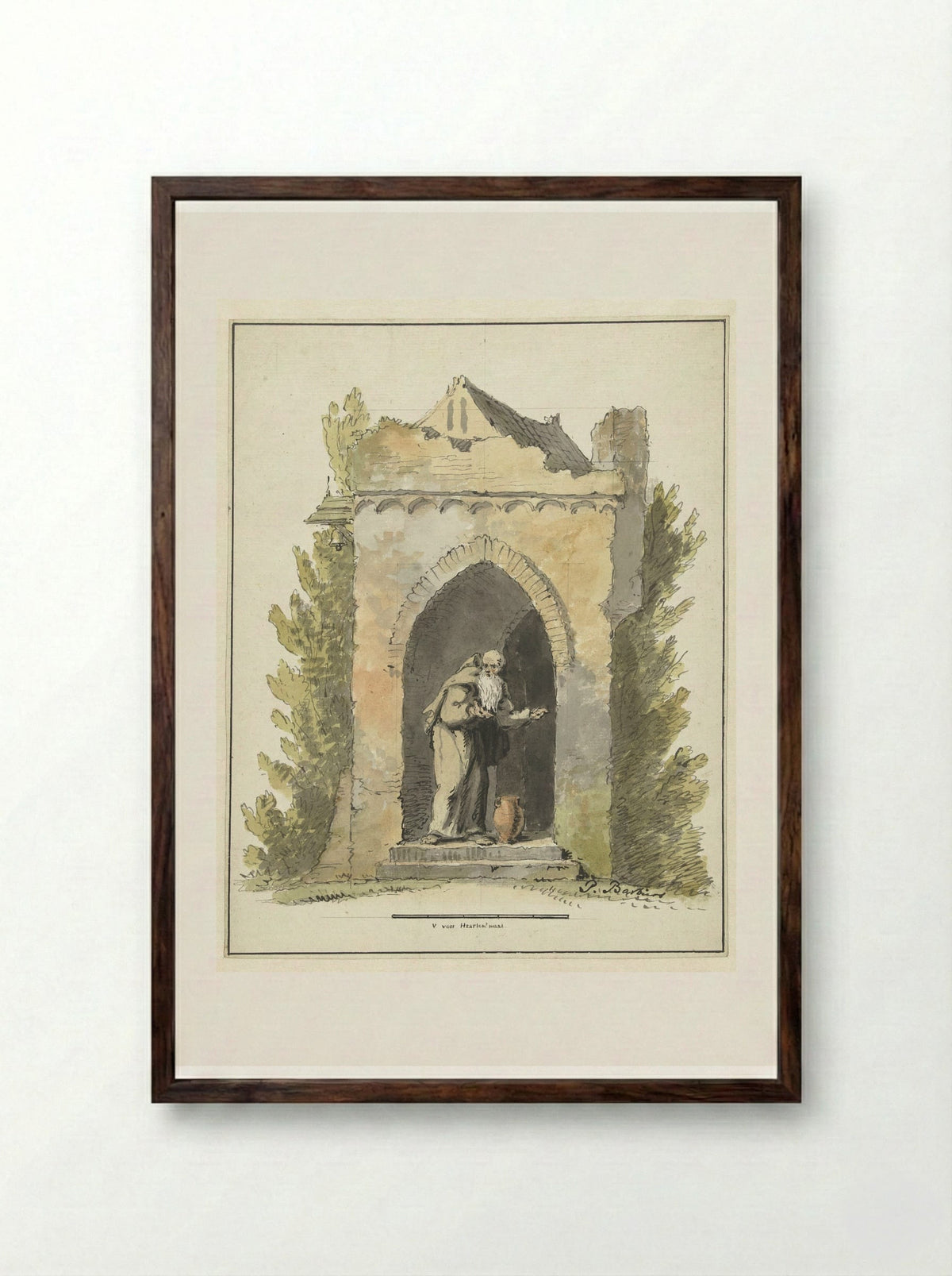 Kluizenaar voor een stenen kapel - Pieter Bartholomeusz. Barbiers - Framed Print Dark Wood