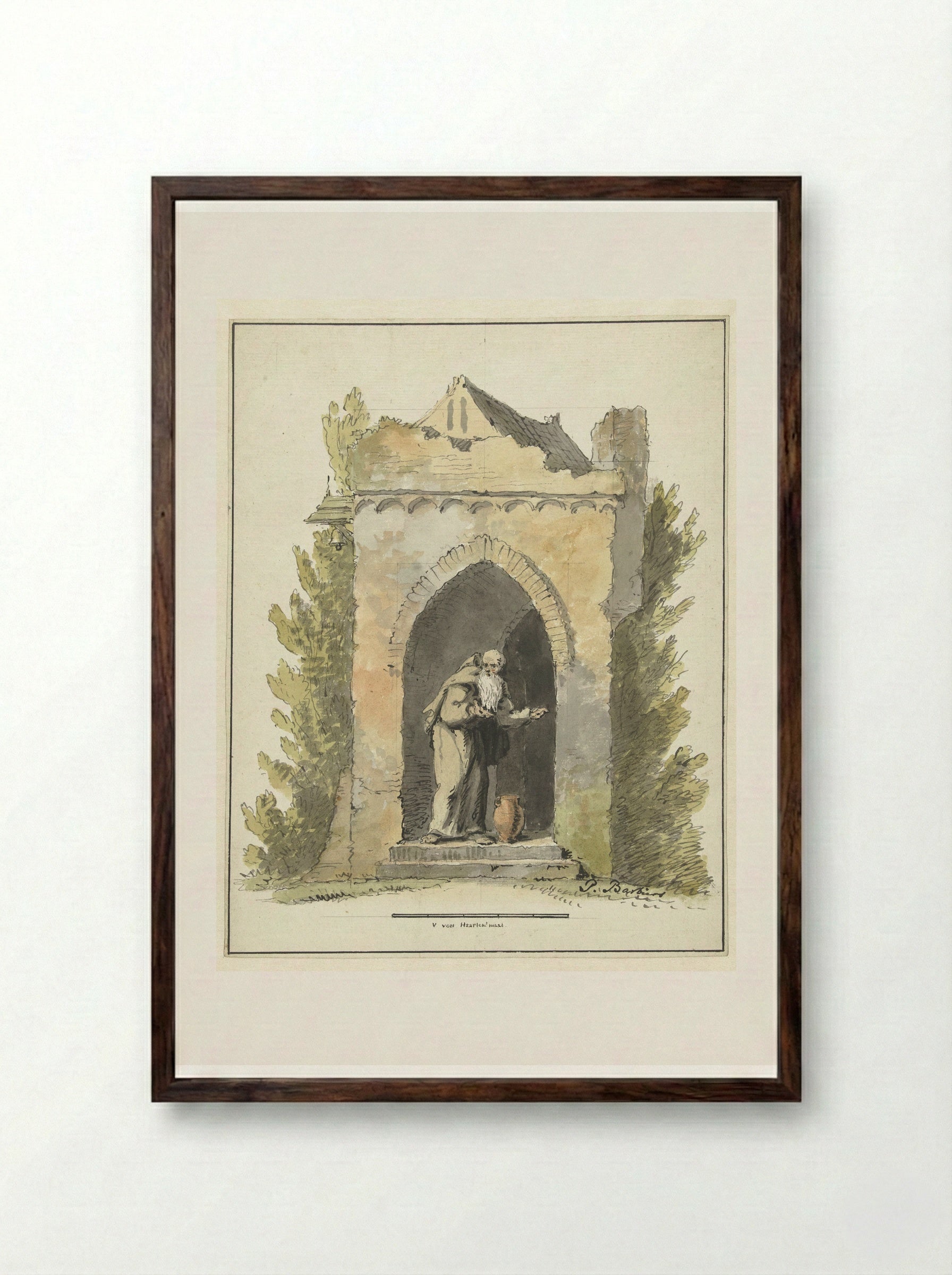Kluizenaar voor een stenen kapel - Pieter Bartholomeusz. Barbiers - Framed Print Dark Wood