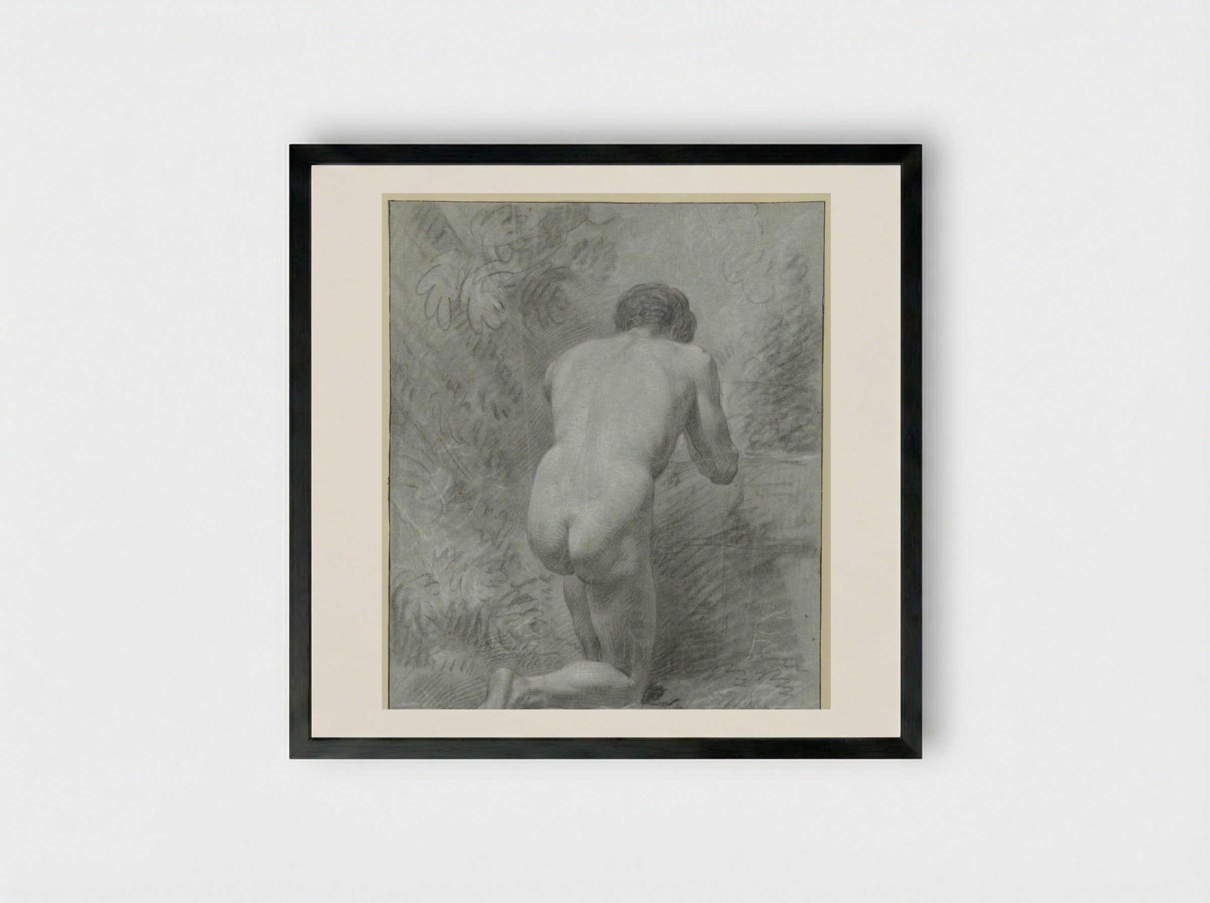 Kneeling Male Nude, Seen from the Back - Jean Grandjean - Framed Print Black