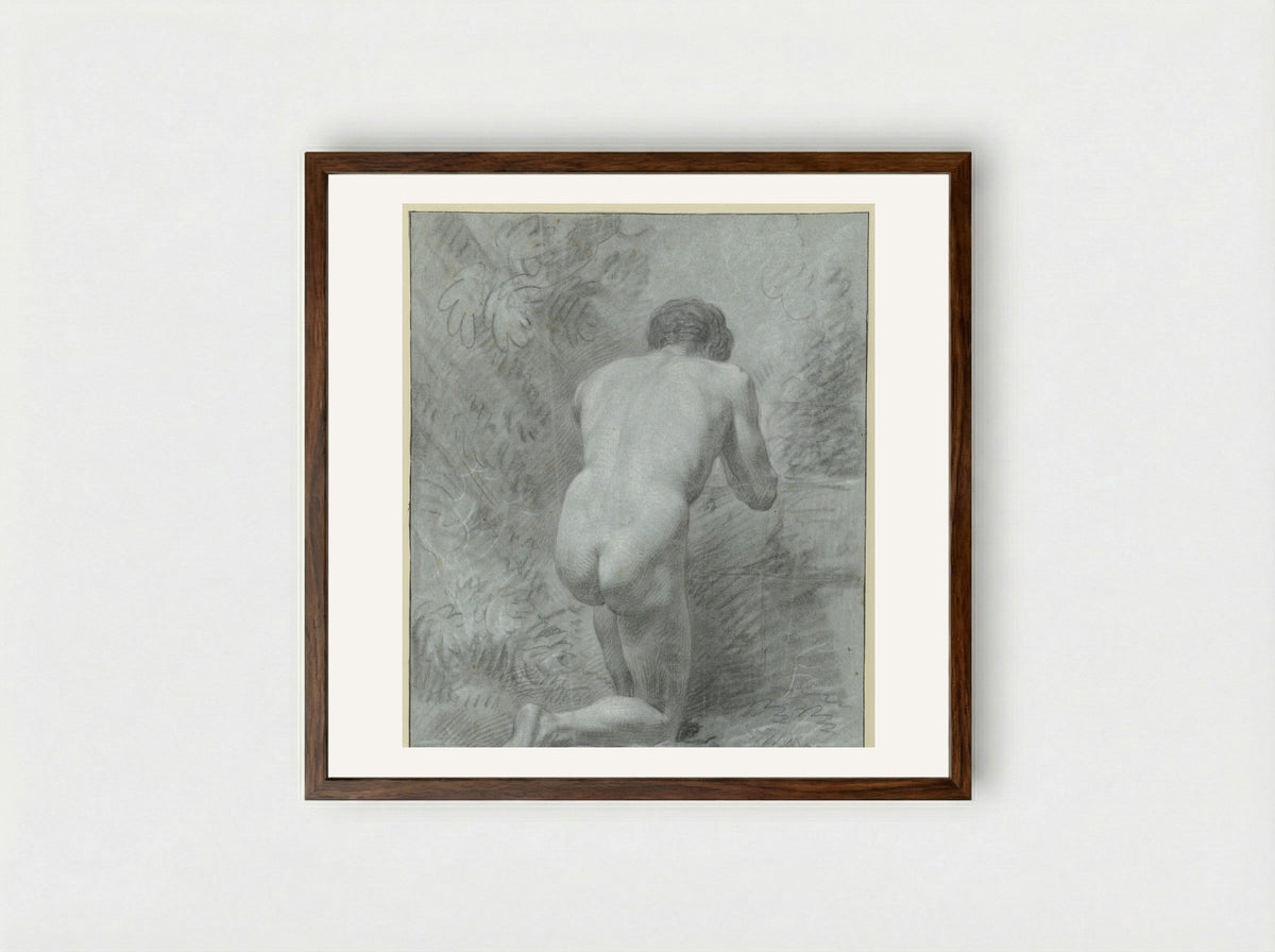 Kneeling Male Nude, Seen from the Back - Jean Grandjean - Framed Print Dark Wood