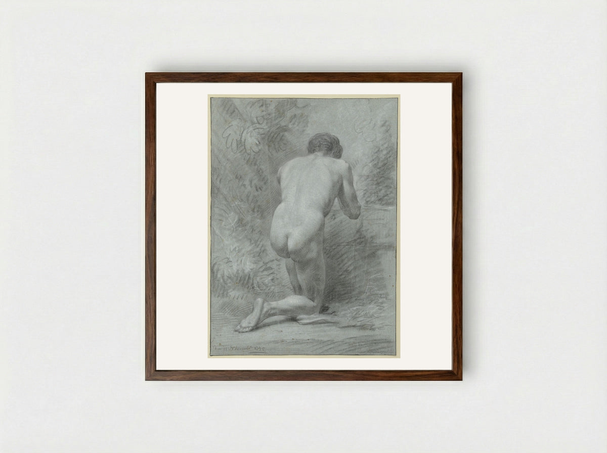 Kneeling Male Nude, Seen from the Back - Jean Grandjean - Framed Print Dark Wood