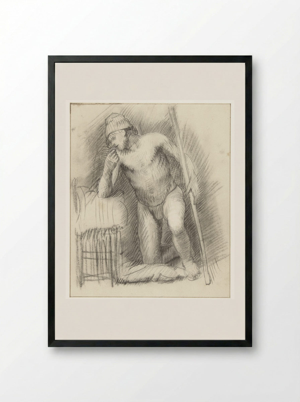 Kneeling Male Nude with a Staff - Constantijn à Renesse - Framed Print Black