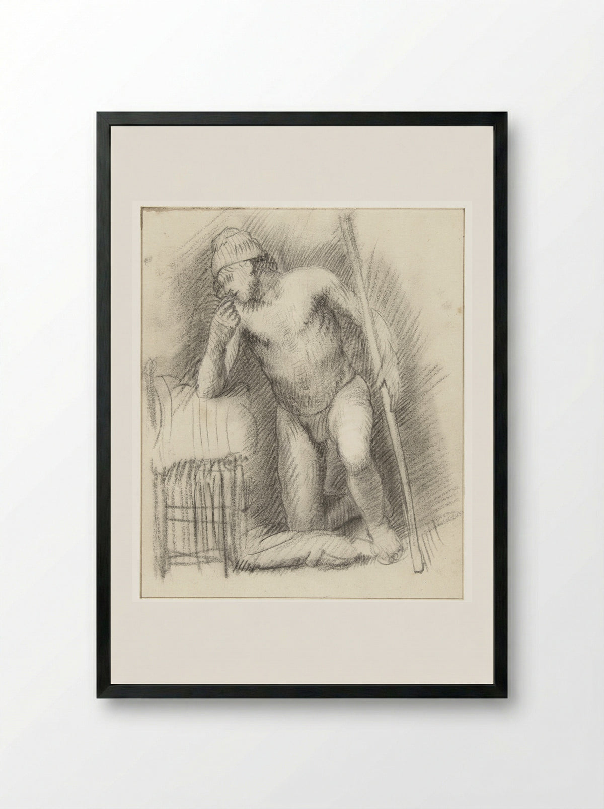 Kneeling Male Nude with a Staff - Constantijn à Renesse - Framed Print Black