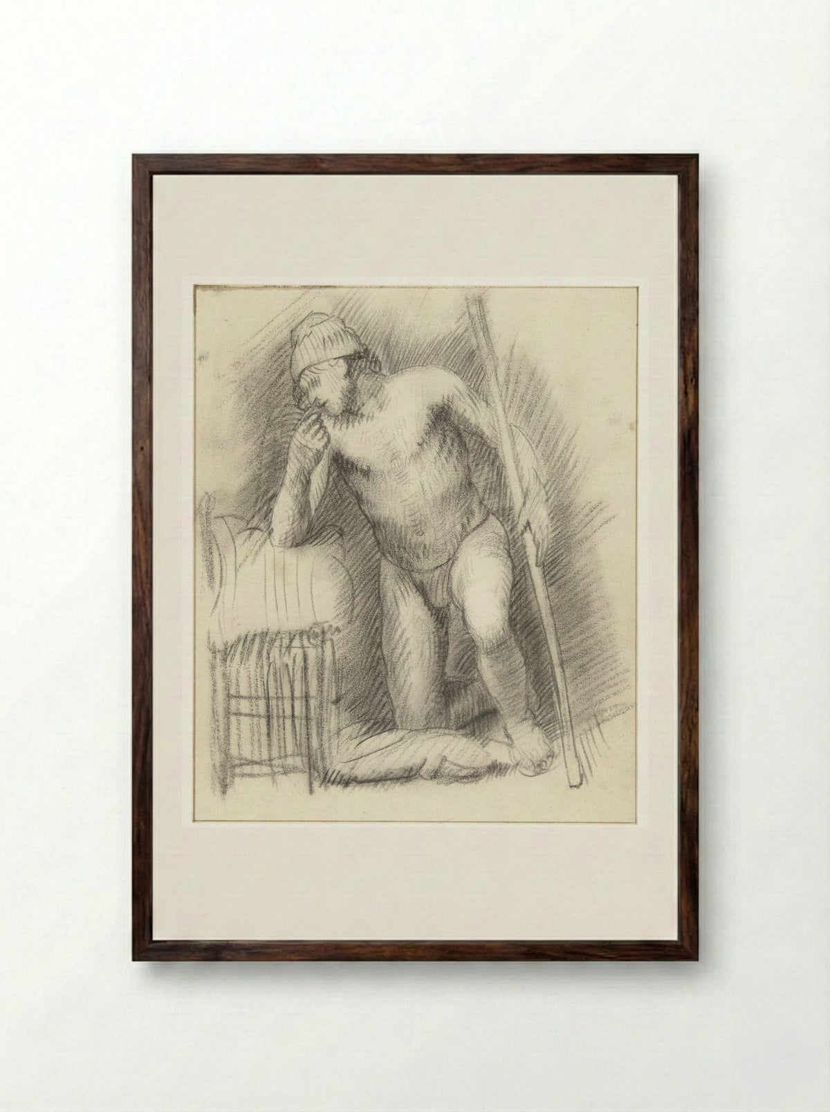 Kneeling Male Nude with a Staff - Constantijn à Renesse - Framed Print Dark Wood