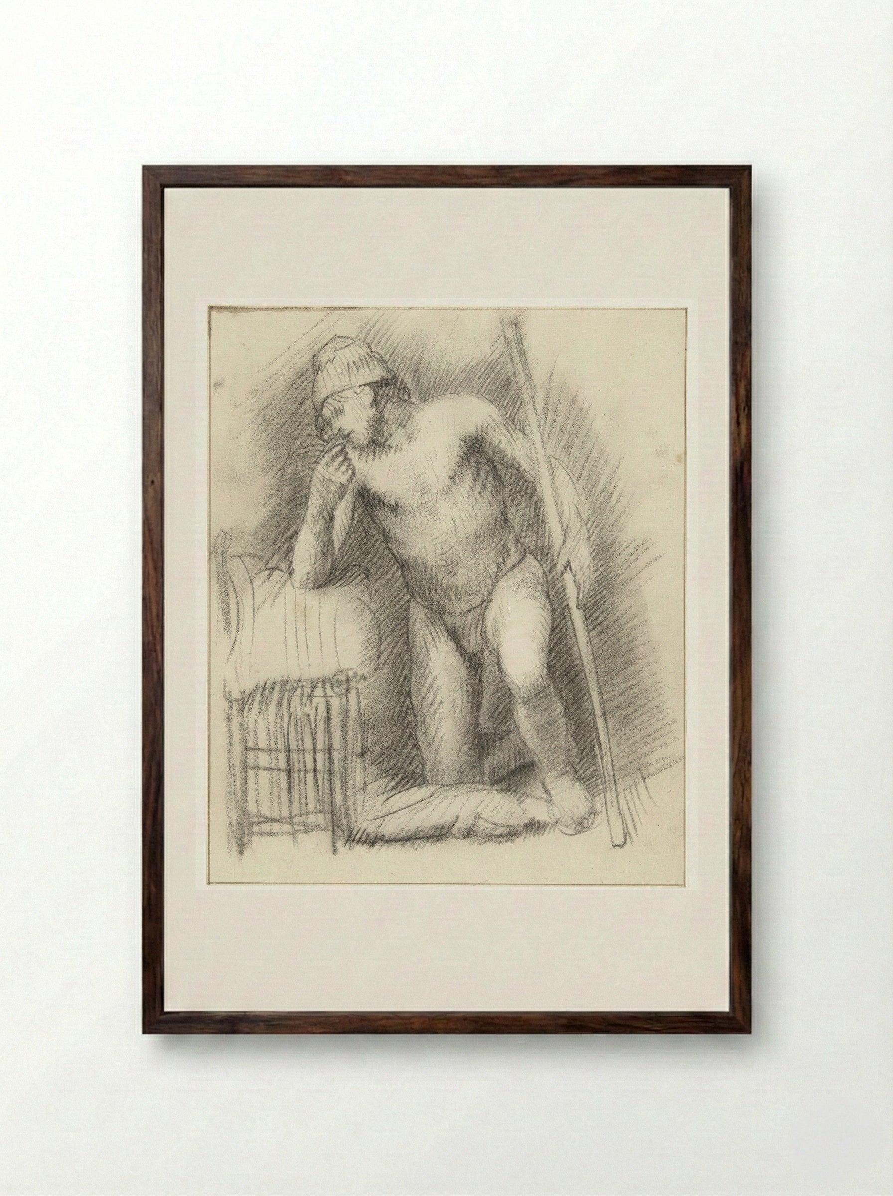 Kneeling Male Nude with a Staff - Constantijn à Renesse - Framed Print Dark Wood