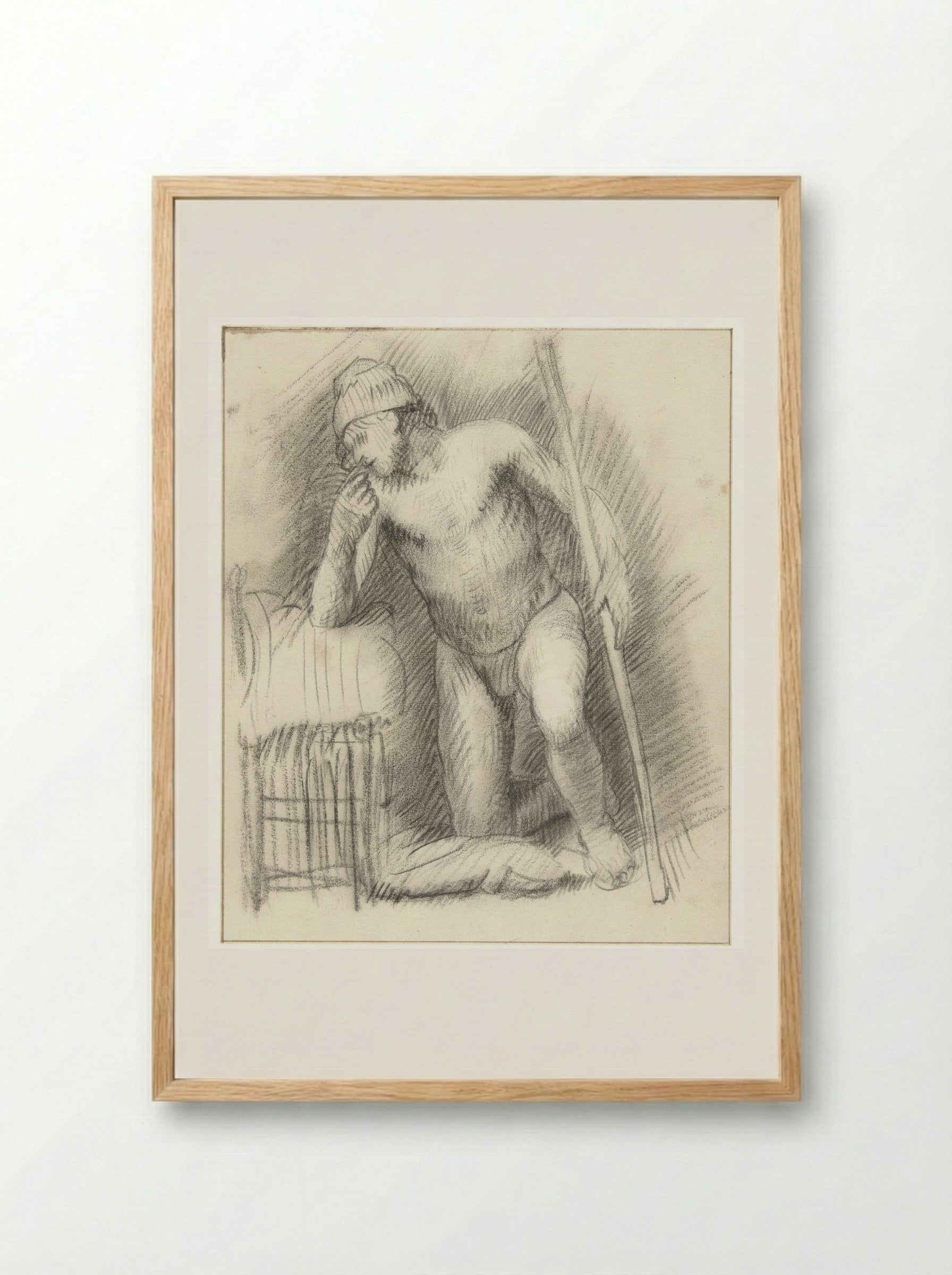 Kneeling Male Nude with a Staff - Constantijn à Renesse - Framed Print Wood