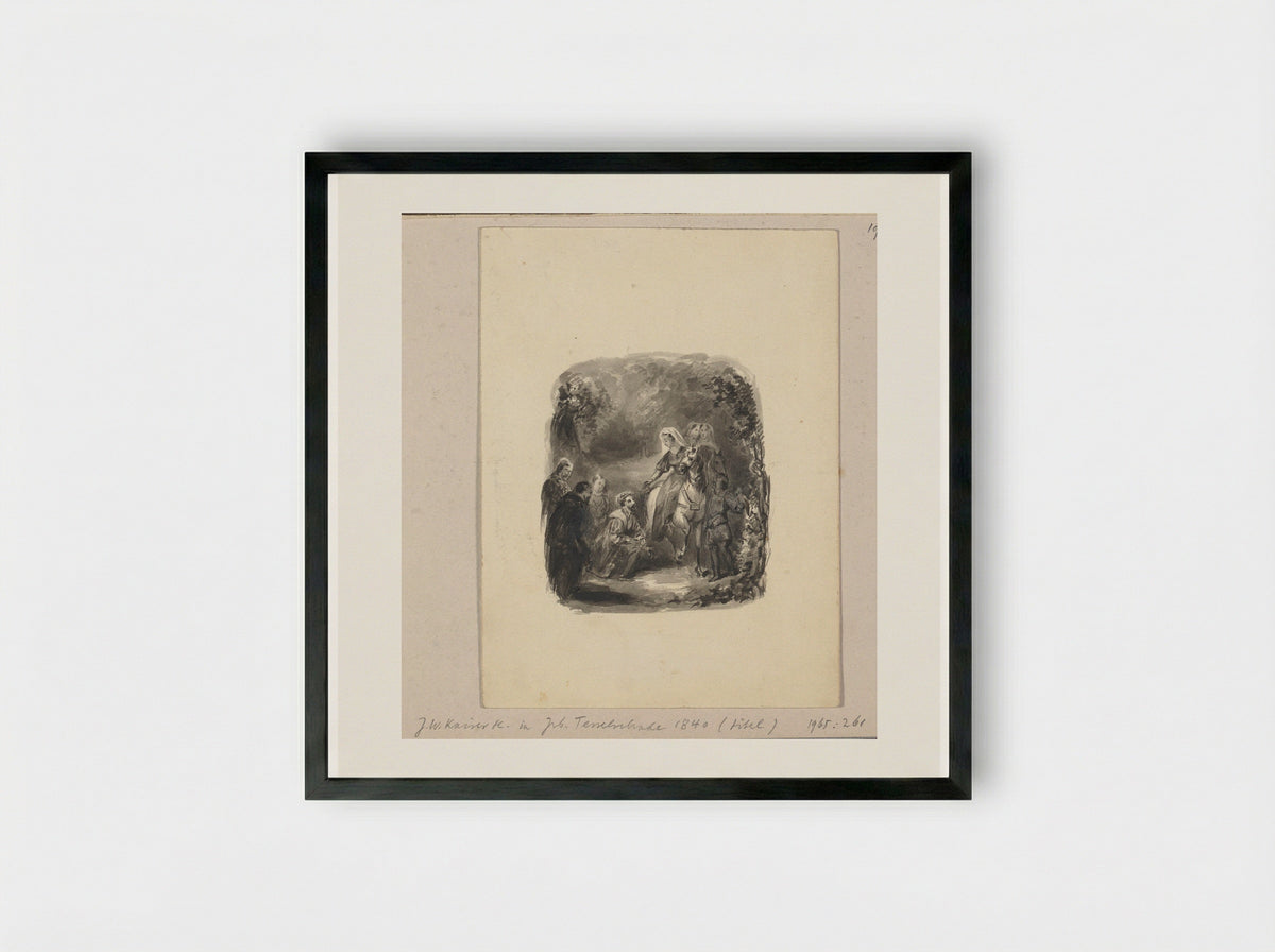 Knielende man naast een vrouw te paard - Johann Wilhelm Kaiser (I) - Framed Print Black