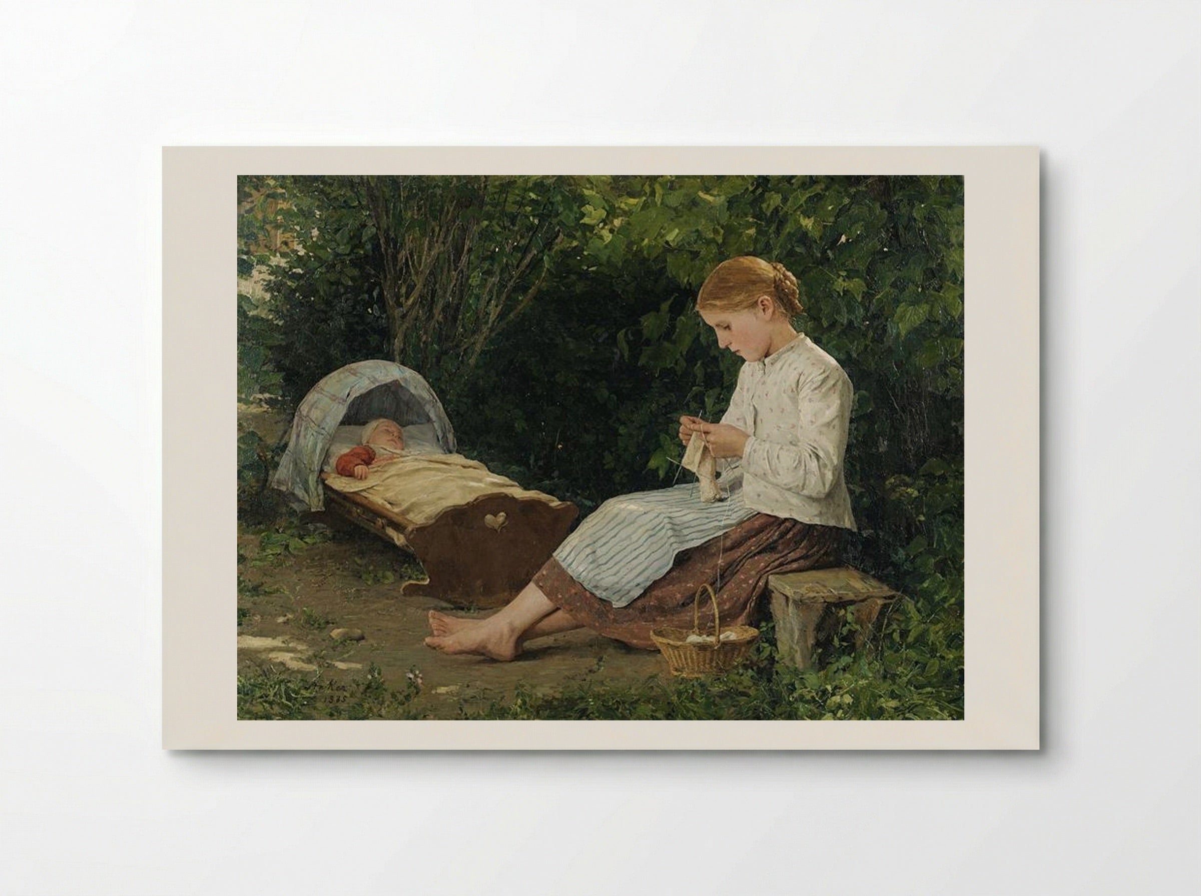 Knitting Girl Watching the Toddler in a Cradle - Albert Anker - Poster