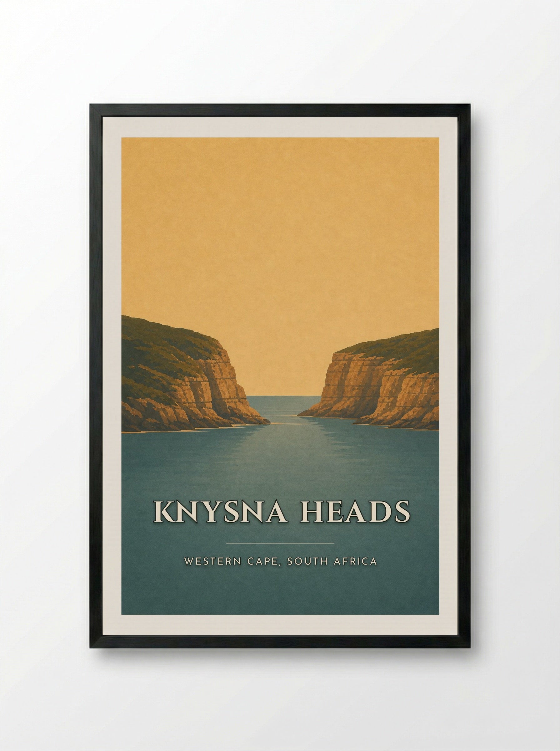 Knysna Heads Travel Poster Artwork - Framed Print Black