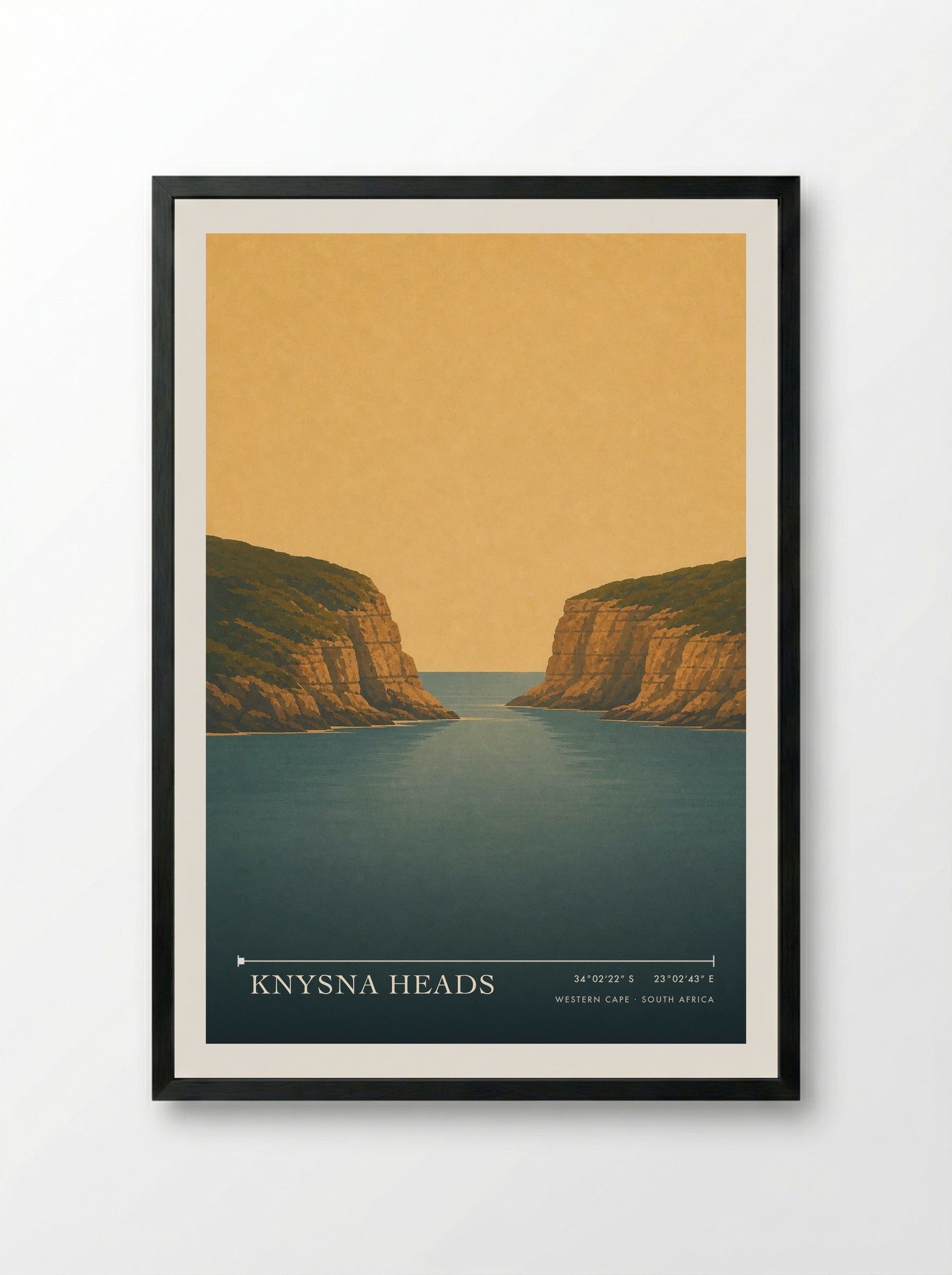 Knysna Heads Travel Poster Artwork - Framed Print Black
