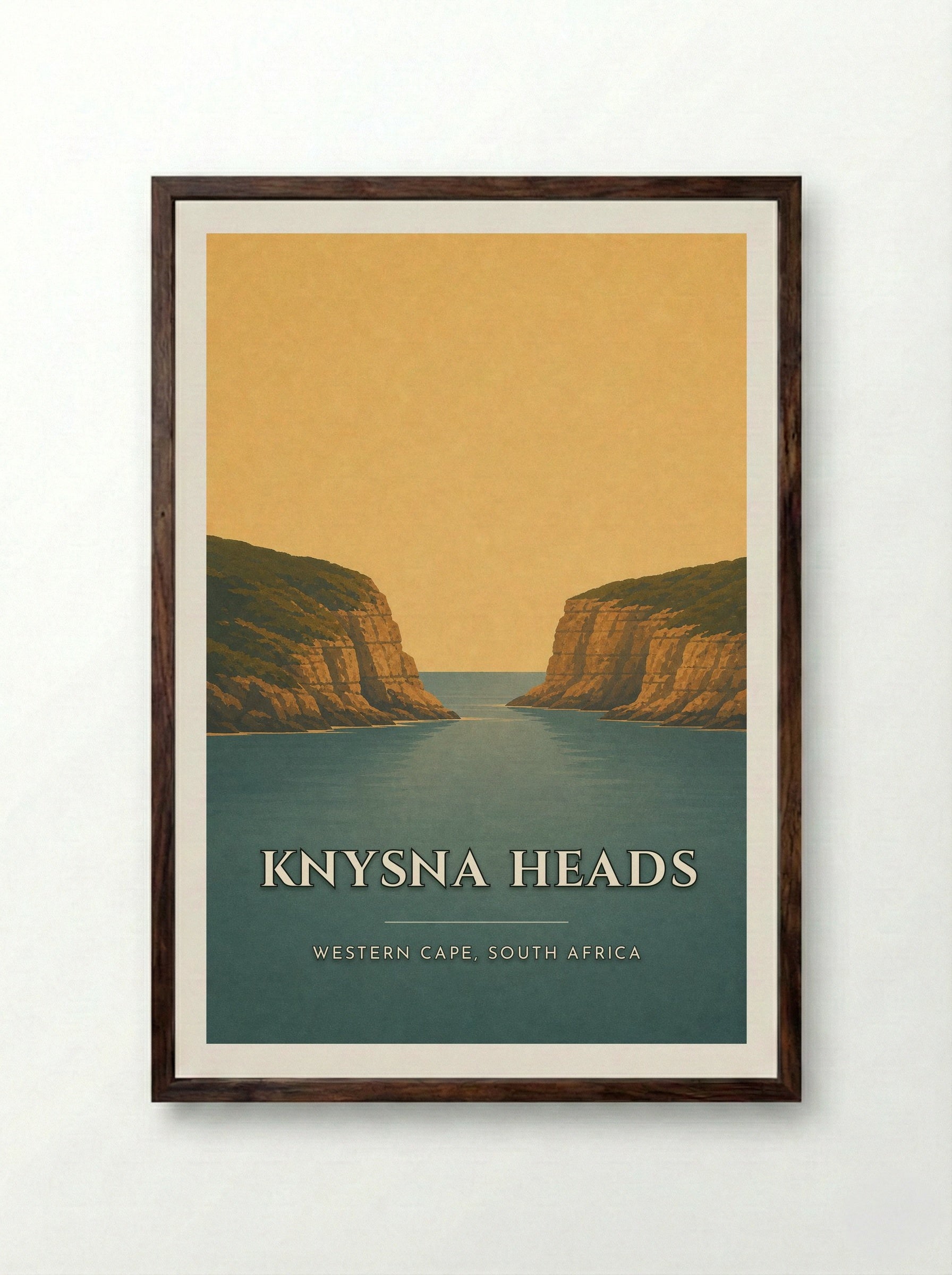 Knysna Heads Travel Poster Artwork - Framed Print Dark Wood