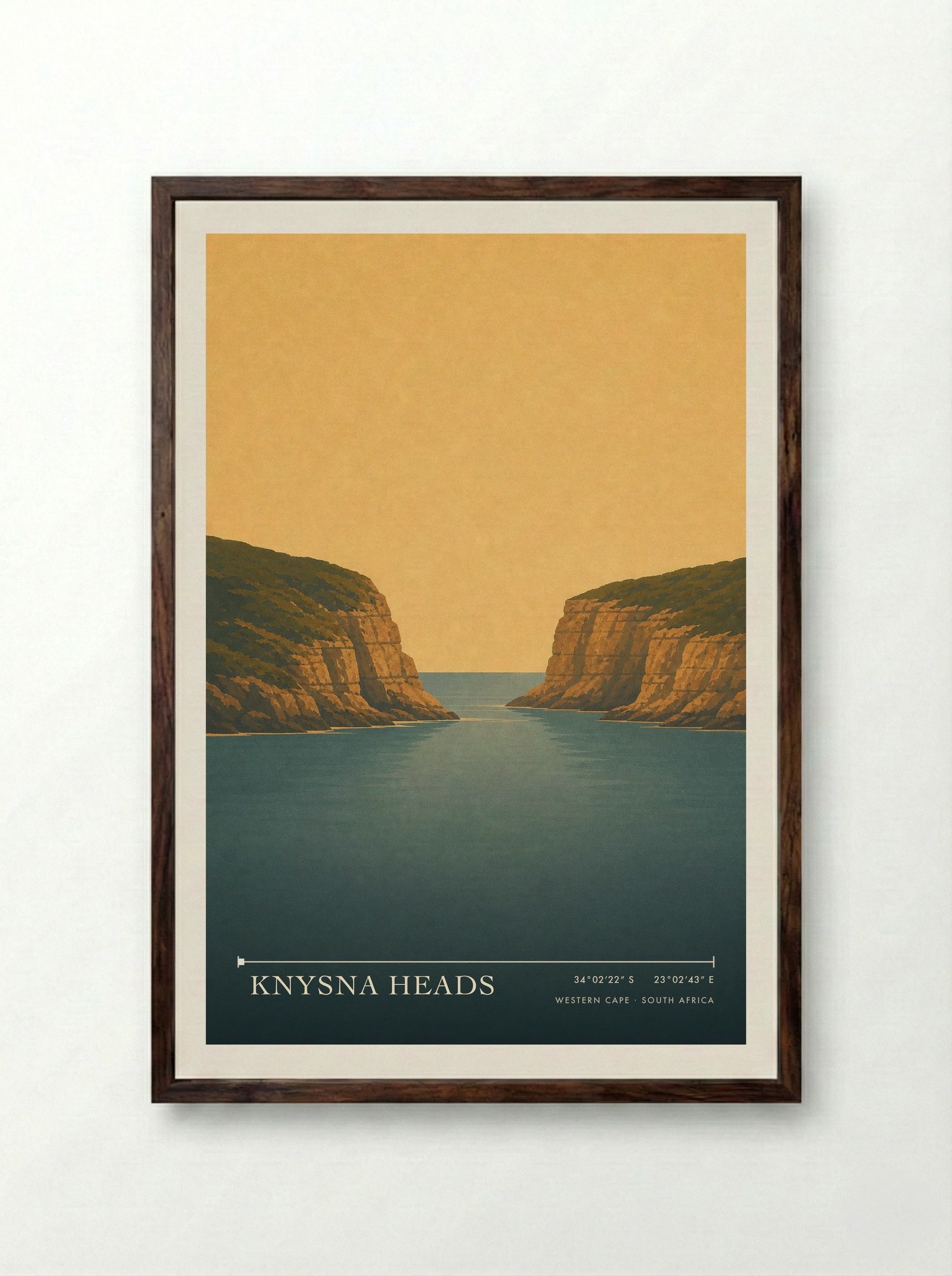 Knysna Heads Travel Poster Artwork - Framed Print Dark Wood
