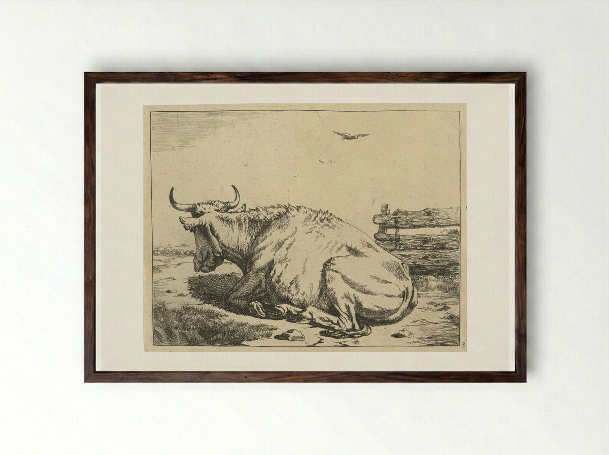 Koe liggend bij hek - Marcus de Bye - Framed Print Dark Wood