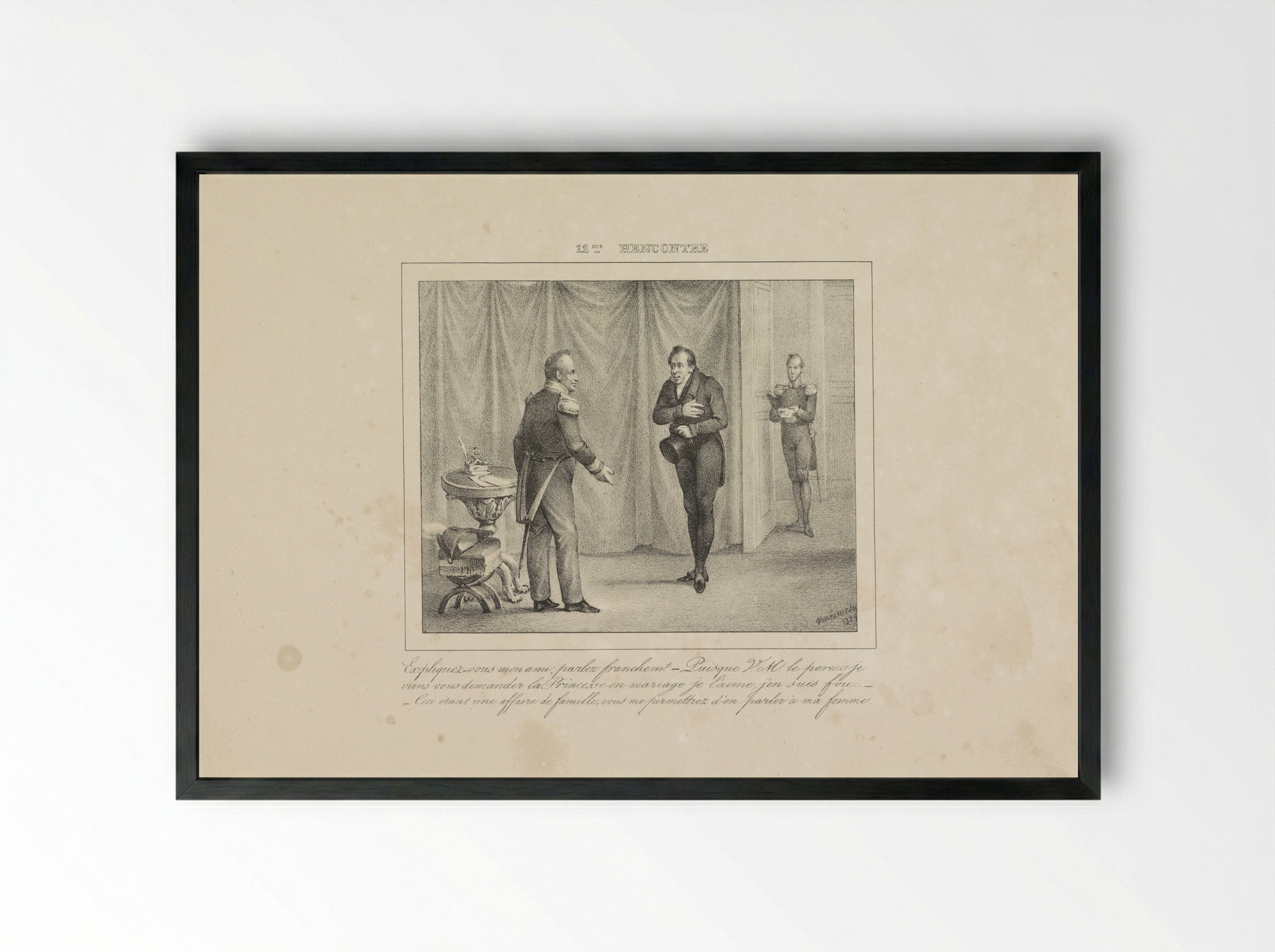 Koning Willem I ontvangt een jongeman die om de hand van zijn dochter vraagt - Jean Baptiste Ambroise Marcellin Jobard - Framed Print Black