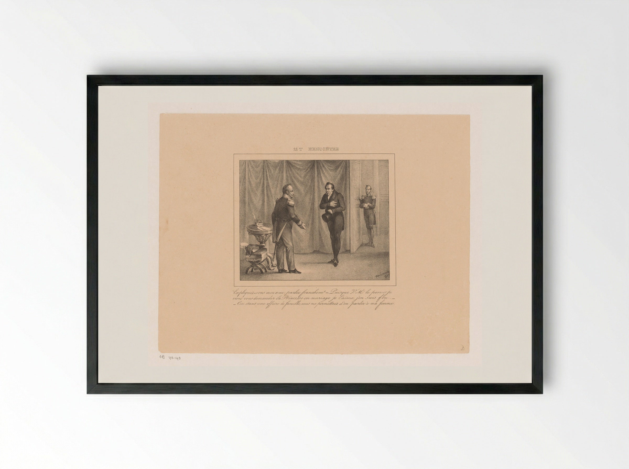Koning Willem I ontvangt een jongeman die om de hand van zijn dochter vraagt - Jean Baptiste Ambroise Marcellin Jobard - Framed Print Black