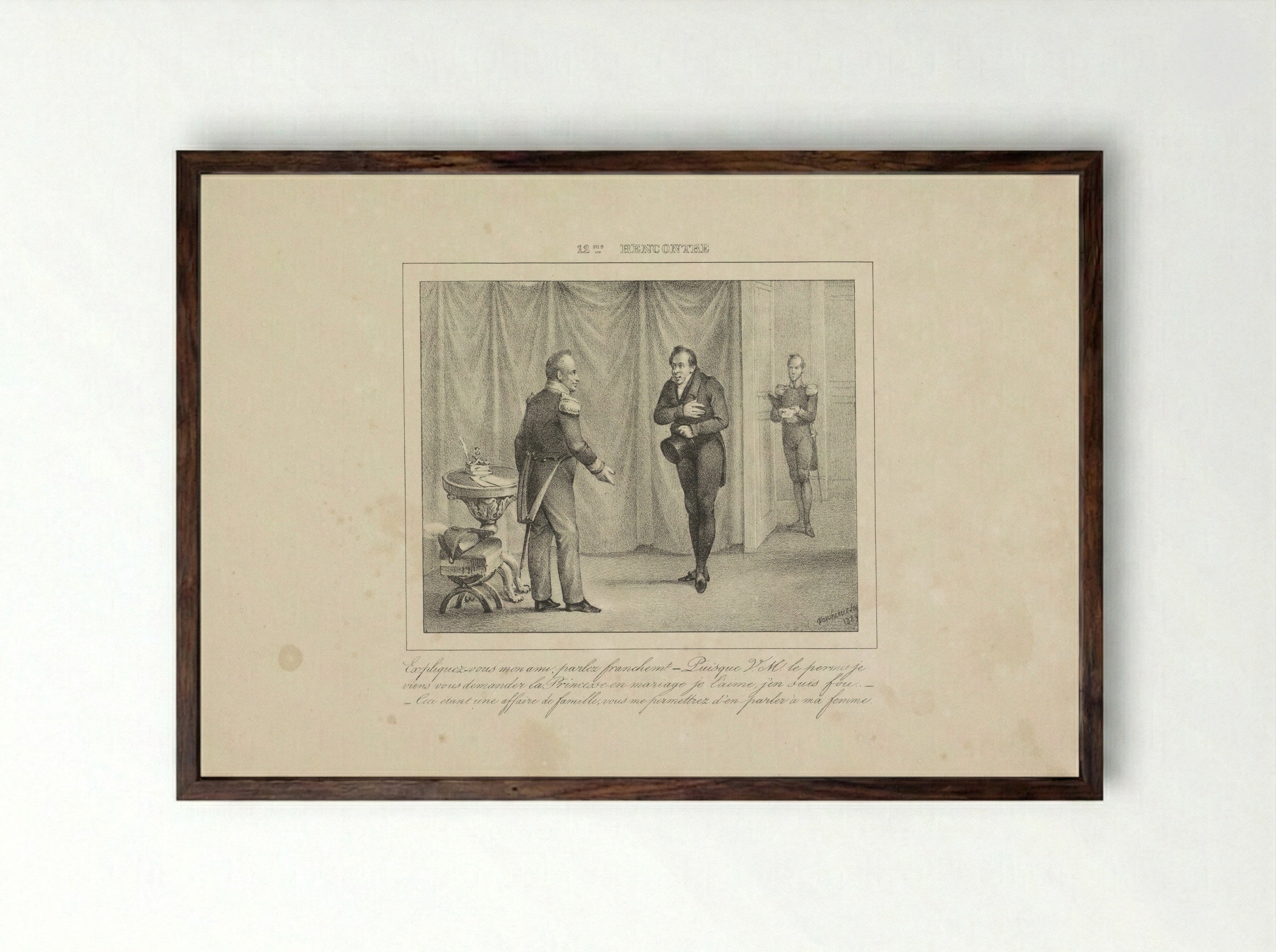 Koning Willem I ontvangt een jongeman die om de hand van zijn dochter vraagt - Jean Baptiste Ambroise Marcellin Jobard - Framed Print Dark Wood