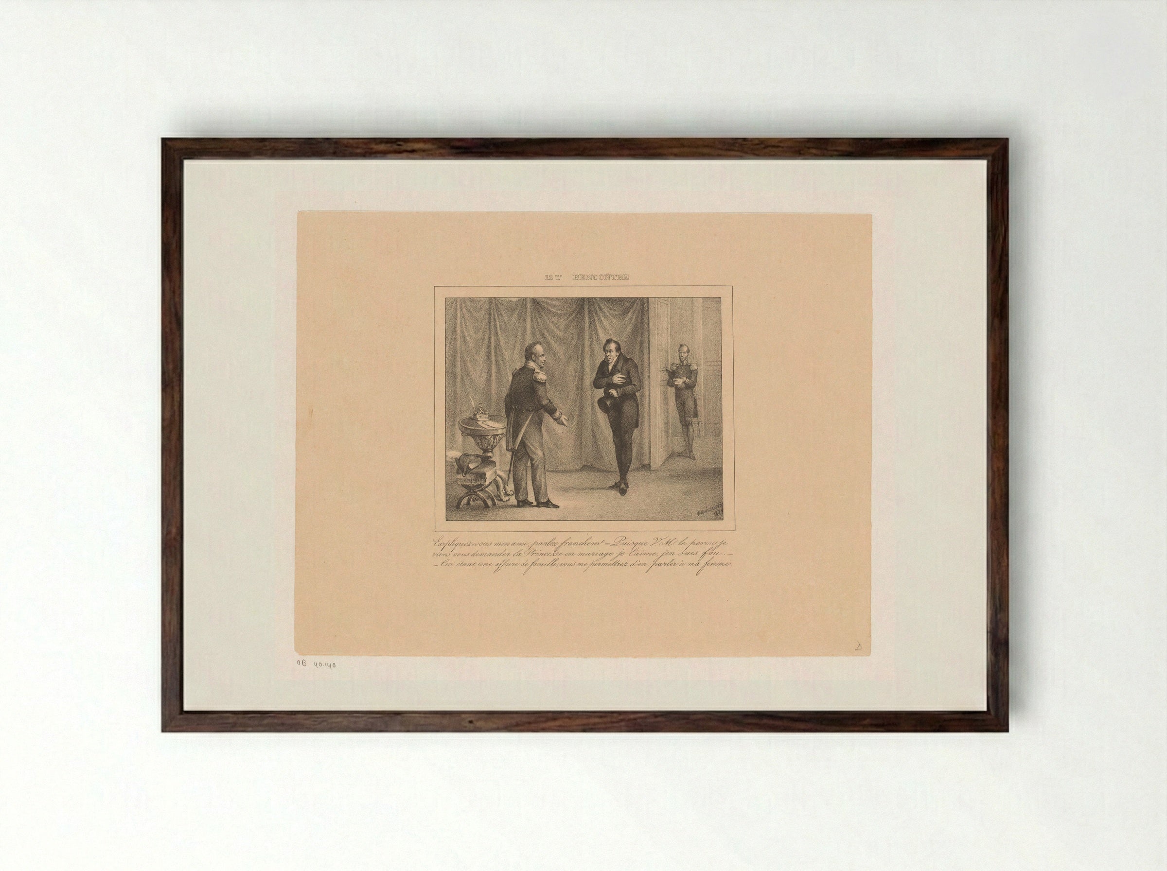 Koning Willem I ontvangt een jongeman die om de hand van zijn dochter vraagt - Jean Baptiste Ambroise Marcellin Jobard - Framed Print Dark Wood