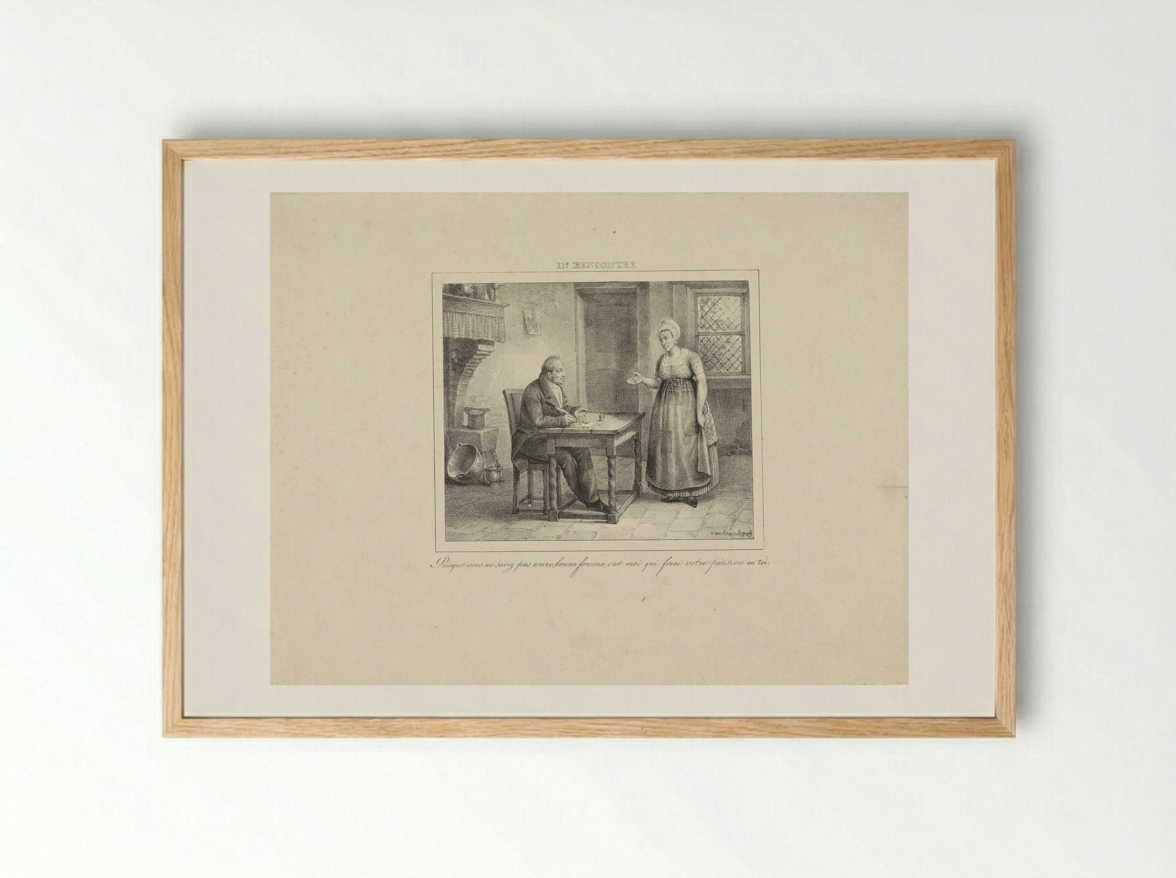 Koning Willem I schrijft een request voor een vrouw - Jean Baptiste Ambroise Marcellin Jobard - Framed Print Wood
