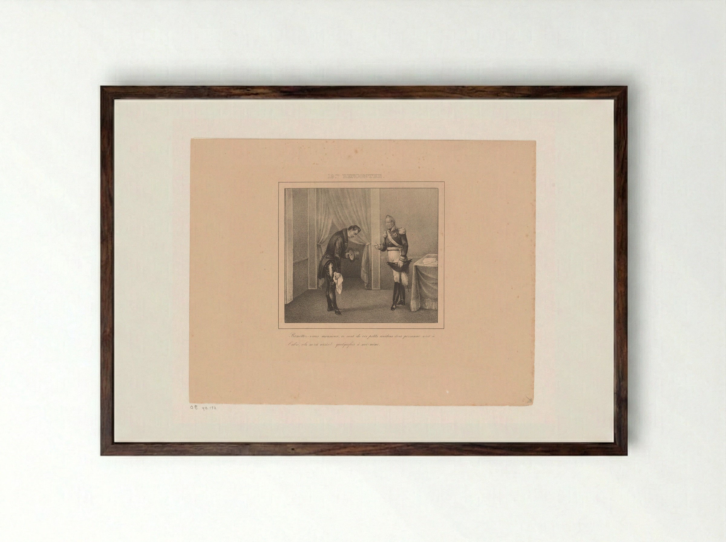 Koning Willem I stelt een man met gescheurde broek gerust - Jean Baptiste Ambroise Marcellin Jobard - Framed Print Dark Wood