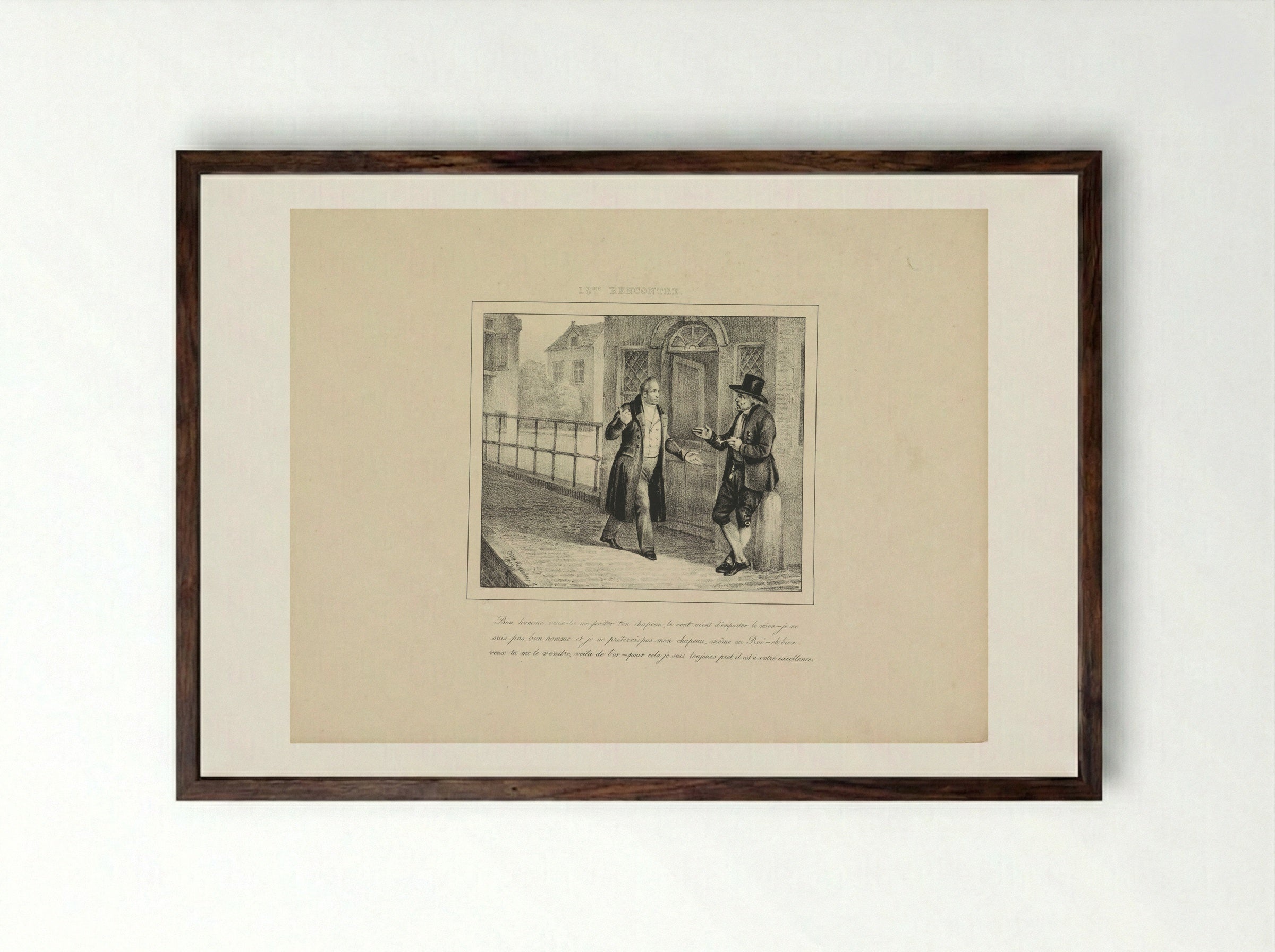 Koning Willem I vraagt een hoed te leen - Jean Baptiste Ambroise Marcellin Jobard - Framed Print Dark Wood