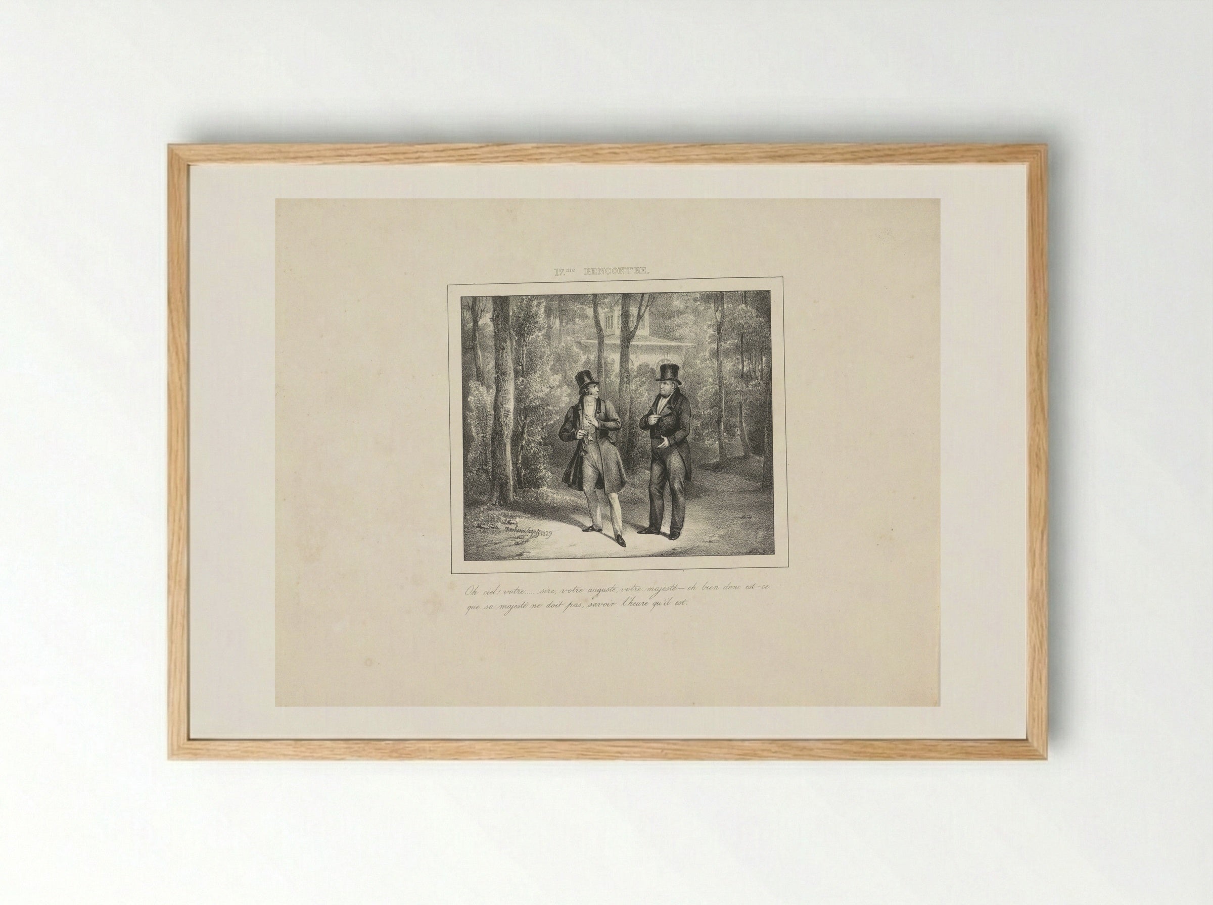 Koning Willem I vraagt een wandelaar de tijd - Jean Baptiste Ambroise Marcellin Jobard - Framed Print Wood