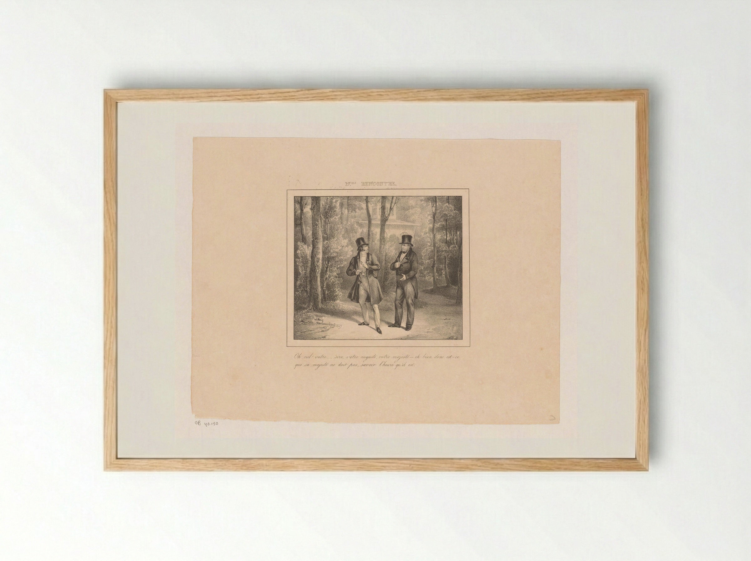 Koning Willem I vraagt een wandelaar hoe laat het is - Jean Baptiste Ambroise Marcellin Jobard - Framed Print Wood