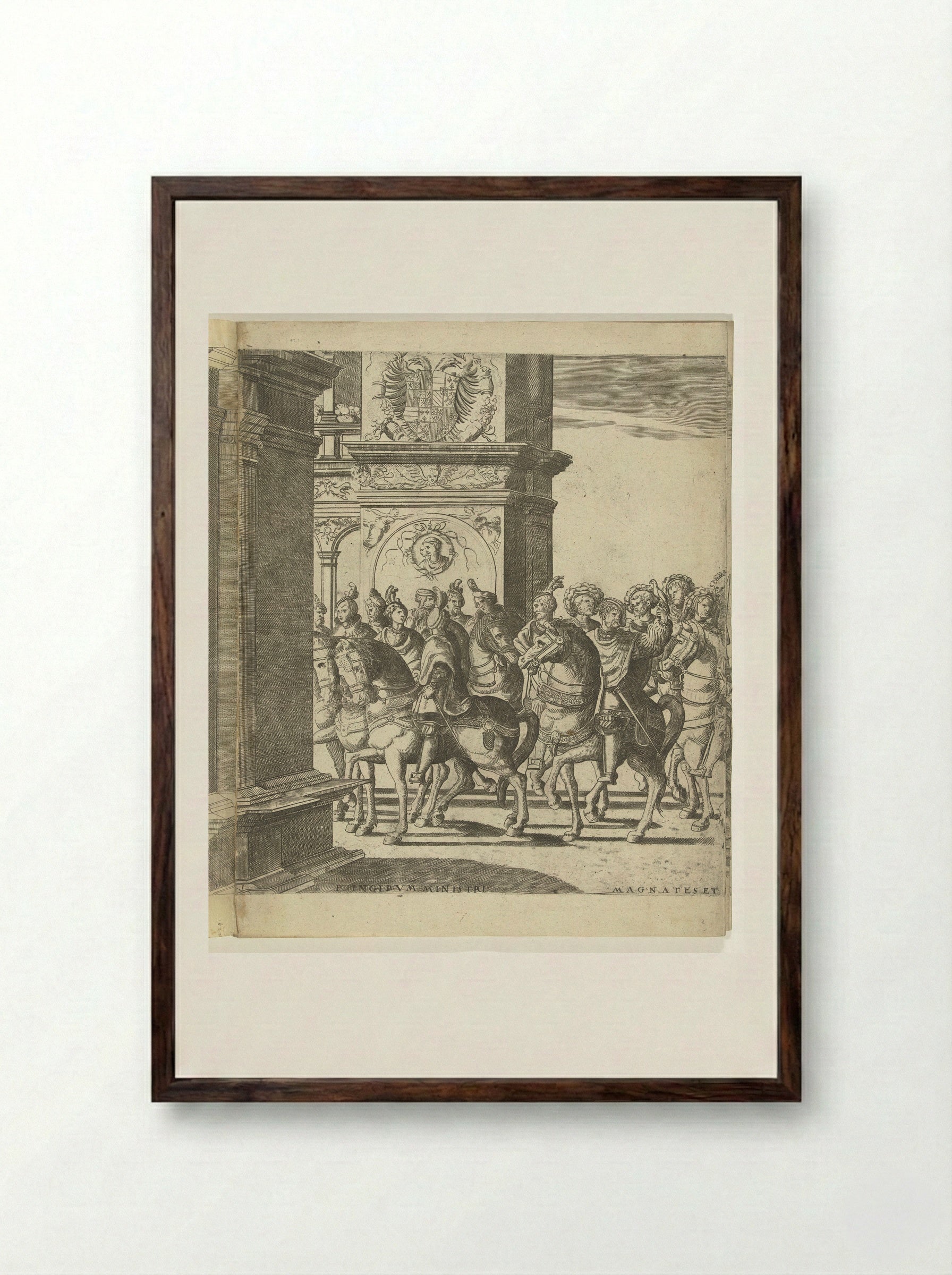 Kop van de stoet bij een triomfpoort, plaat 1 - Nicolaas Hogenberg - Framed Print Dark Wood
