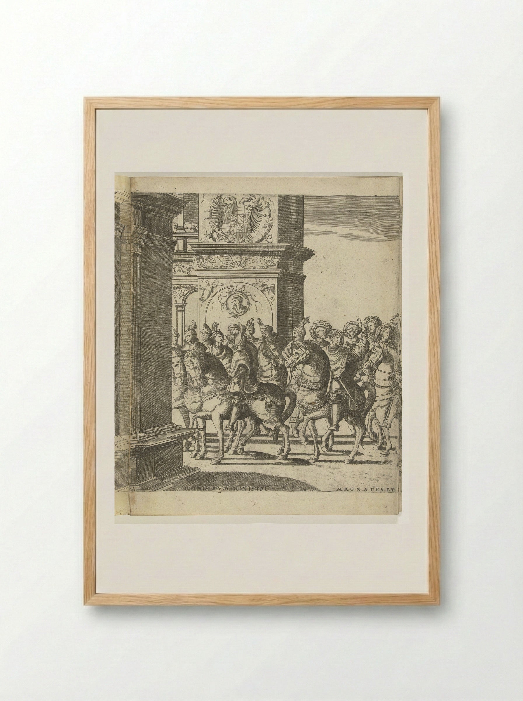 Kop van de stoet bij een triomfpoort, plaat 1 - Nicolaas Hogenberg - Framed Print Wood