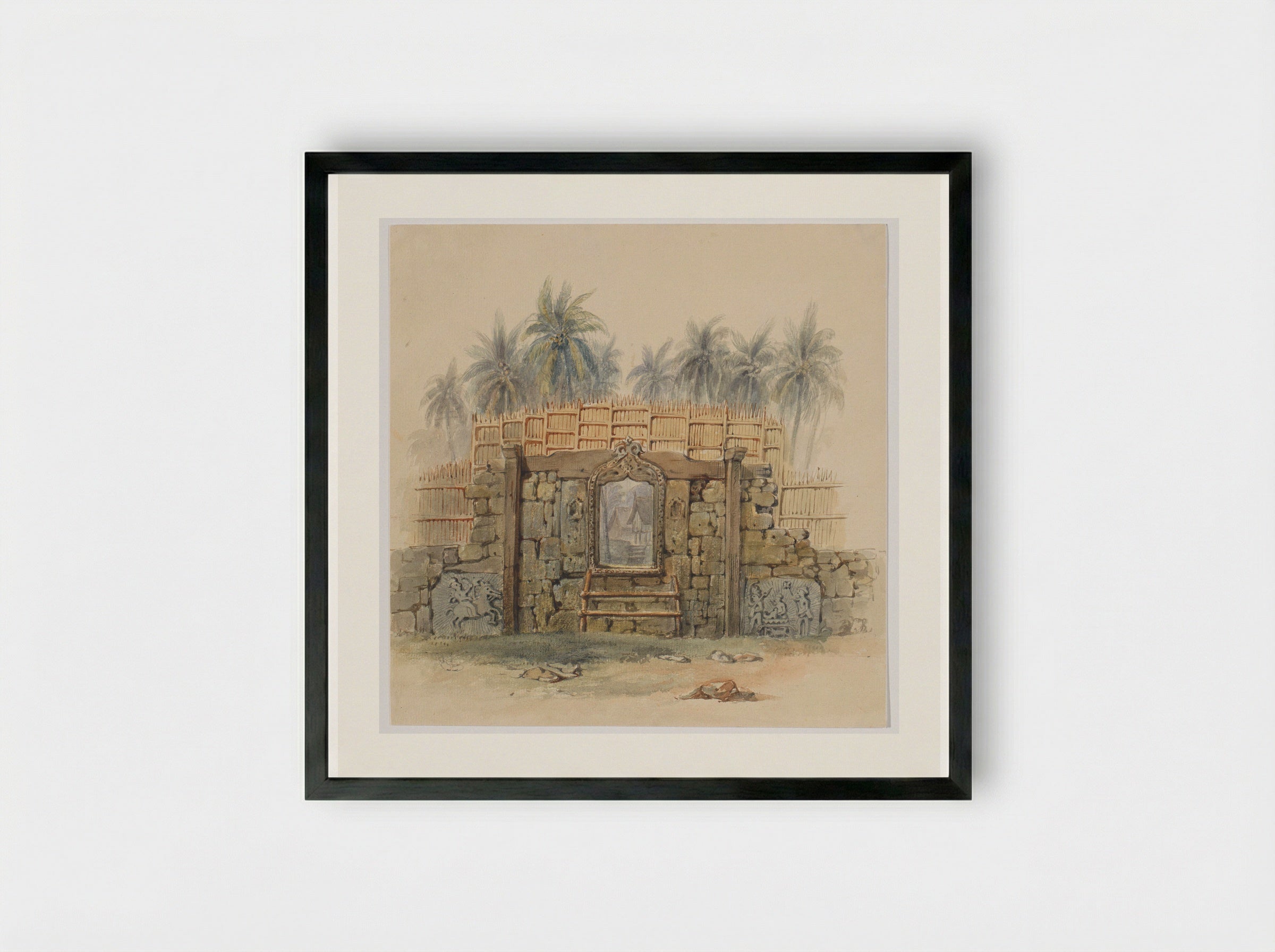 Koraalstenen muur met omlijste opening naar het dorp Dula - Adrianus Johannes Bik - Framed Print Black