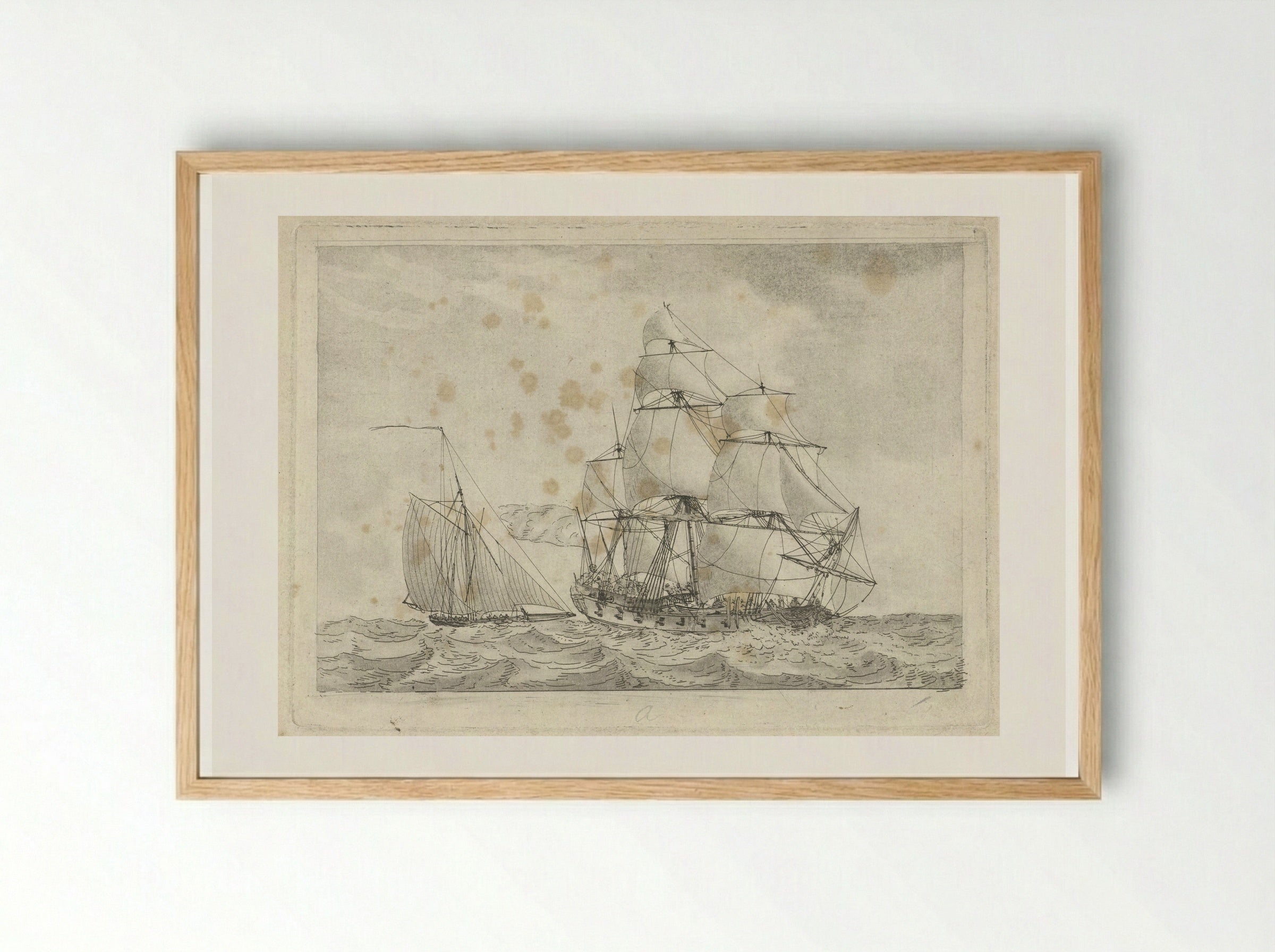 Kotter en een oorlogsfregat - Gerrit Groenewegen - Framed Print Wood