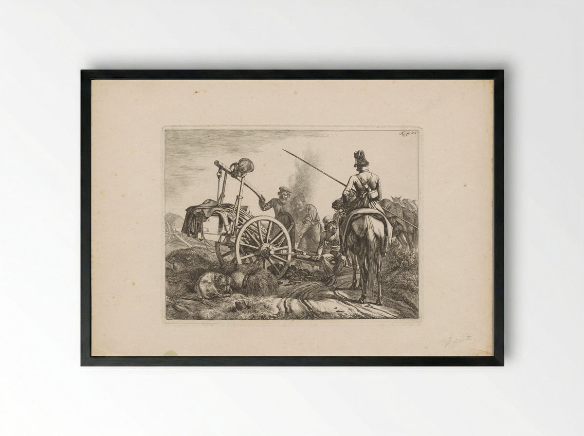 Kozakken te paard en een smid bij een trekkar - Domenico Artaria - Framed Print Black