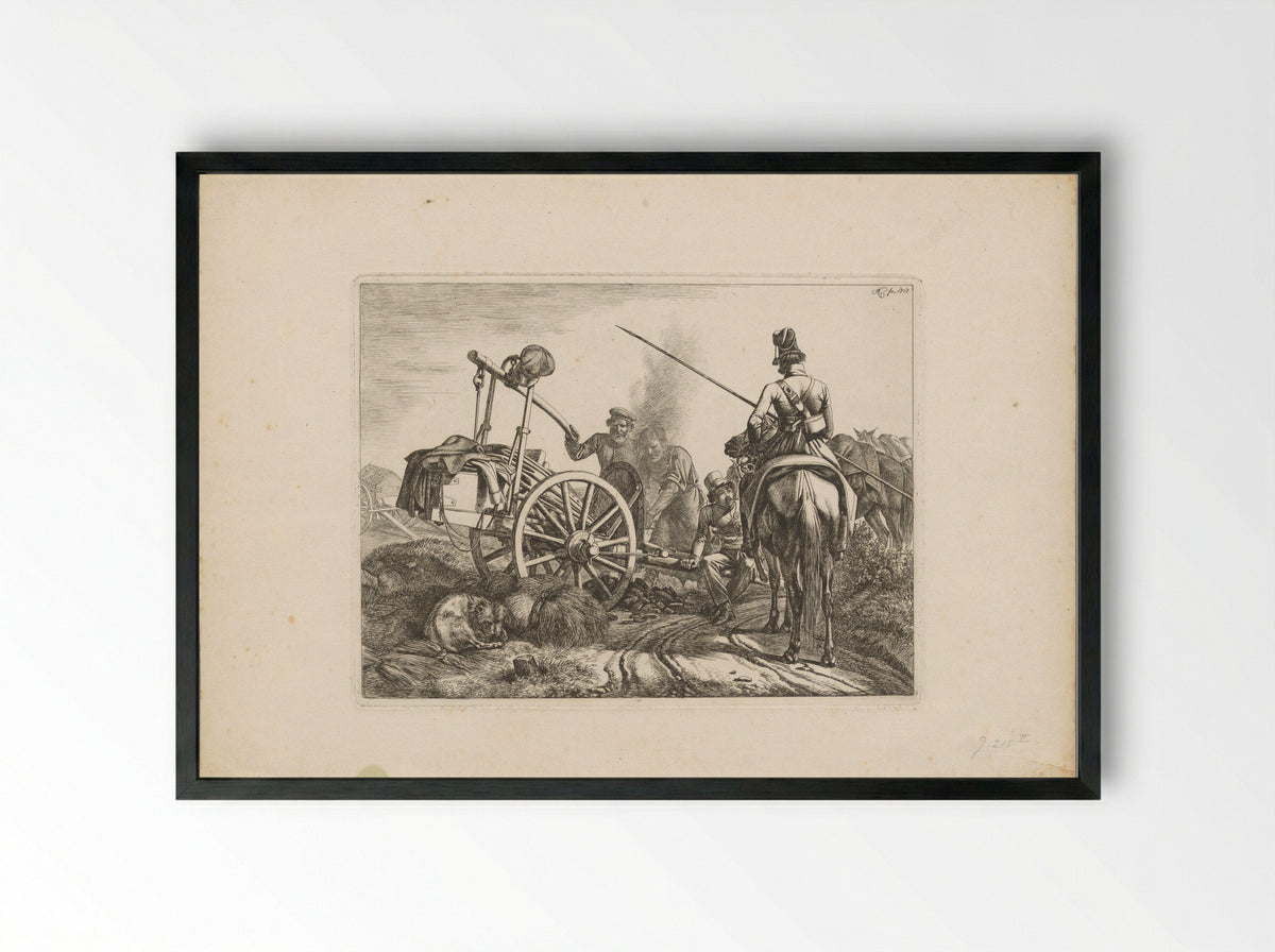 Kozakken te paard en een smid bij een trekkar - Domenico Artaria - Framed Print Black