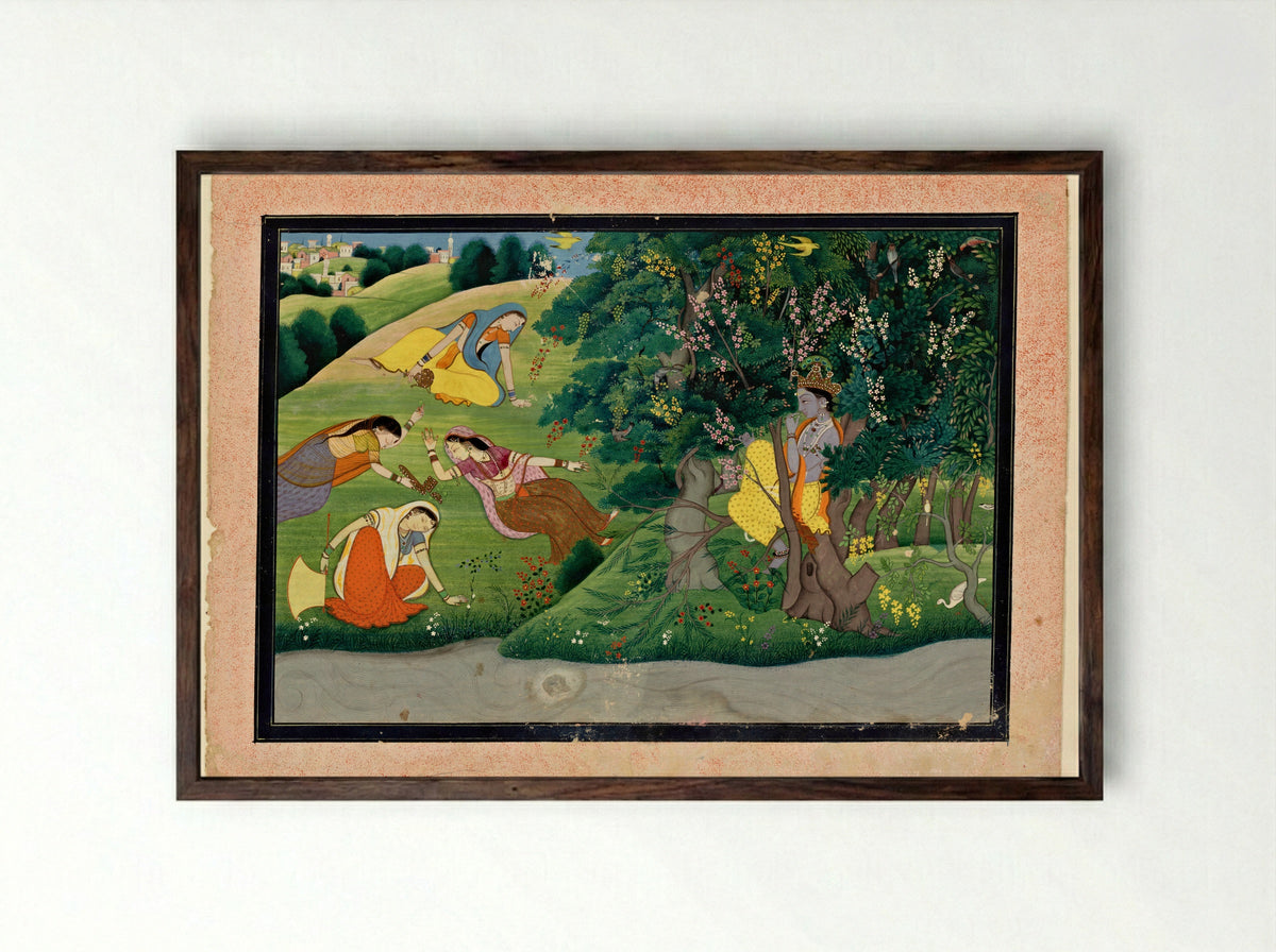 Krishna Fluting for the Gopis - Unknown Indian Artist - Framed Print Dark Wood
