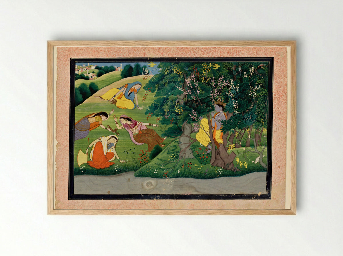 Krishna Fluting for the Gopis - Unknown Indian Artist - Framed Print Wood