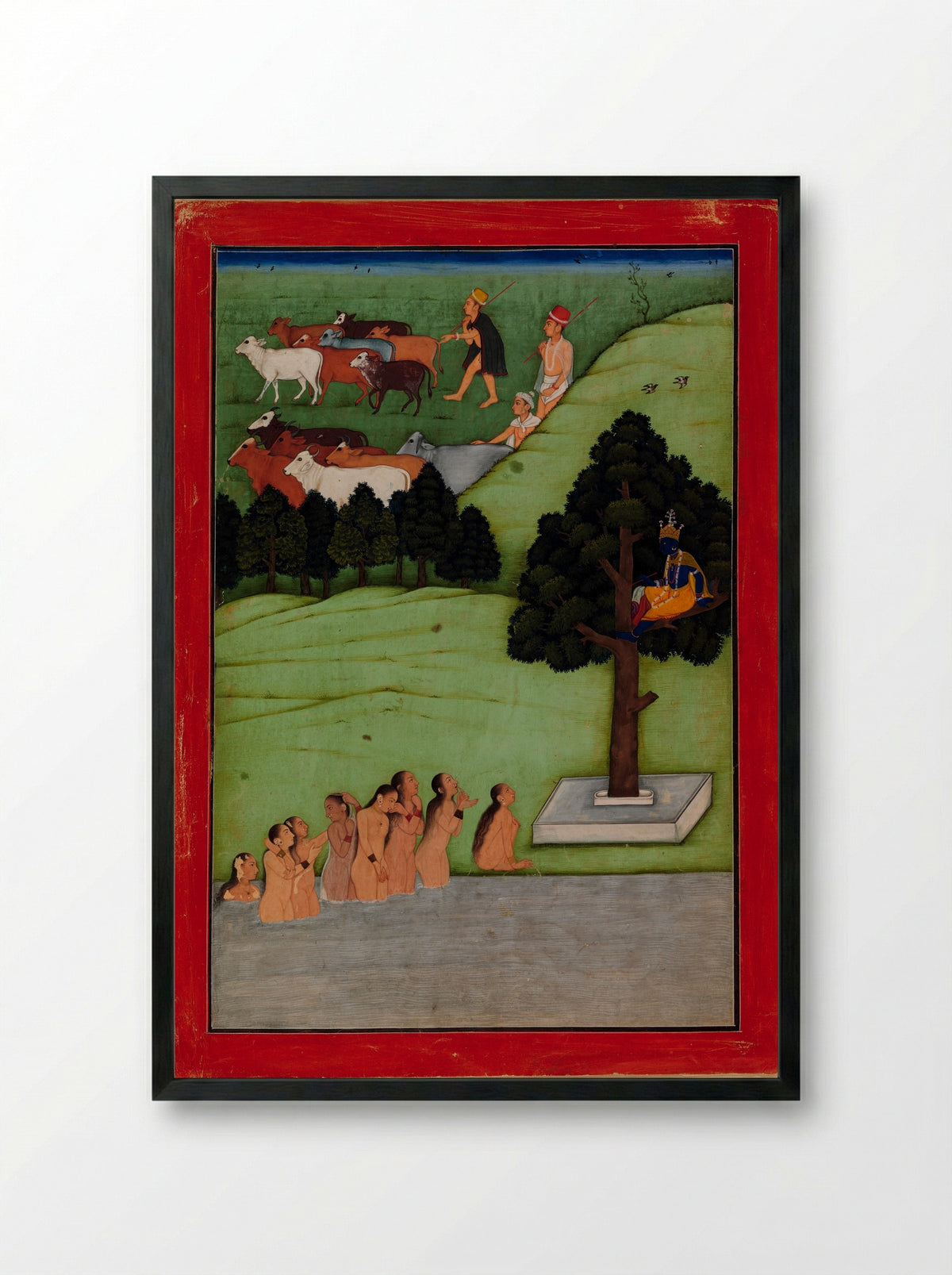 Krishna Steals the Clothing of the Gopis - The Early Master at the Court of Mandi - Framed Print Black