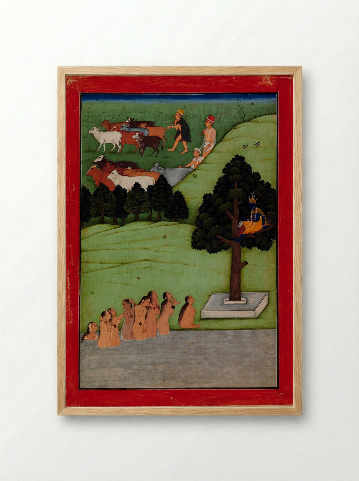 Krishna Steals the Clothing of the Gopis - The Early Master at the Court of Mandi - Framed Print Wood