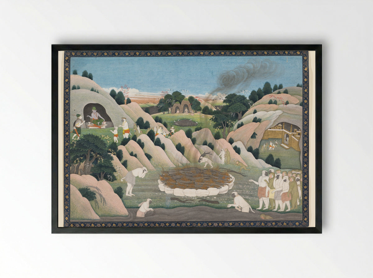 Krishna Subduing Kaliya, the Snake Demon - First generation after Manaku and Nainsukh - Framed Print Black