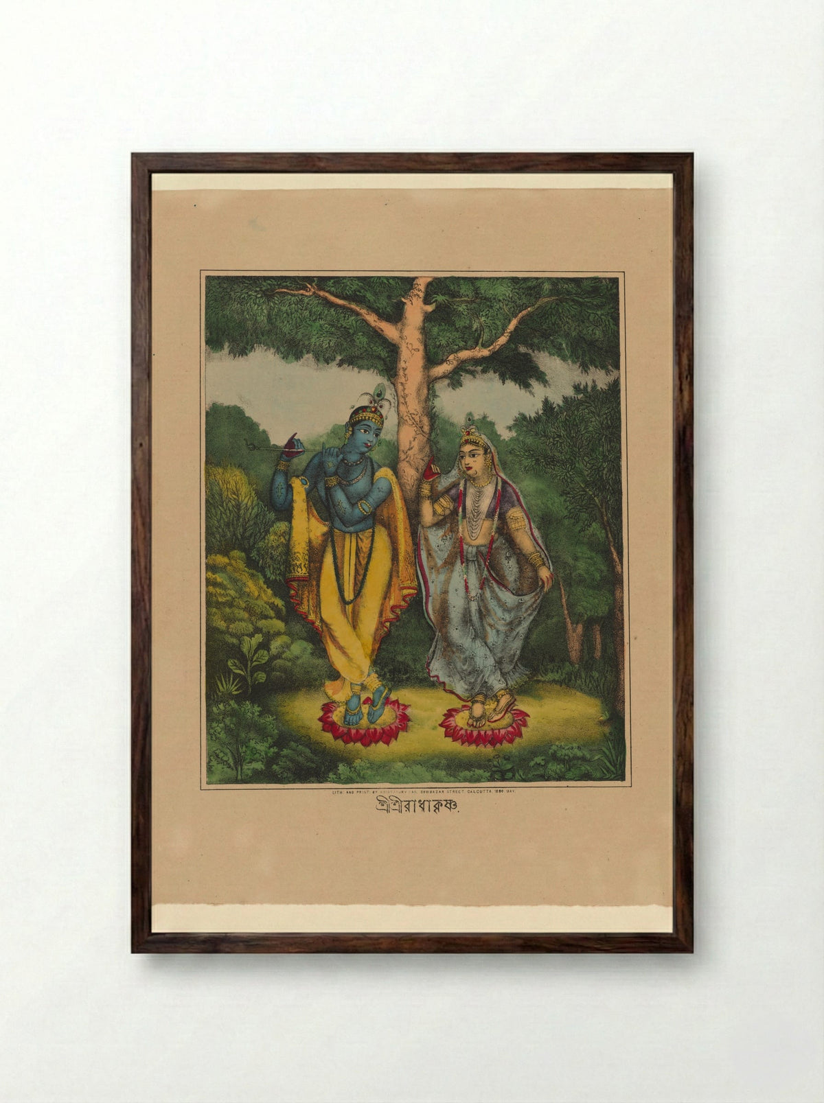 Krishna Venugopala and Radha in a wooded glade - Krishnahari Das - Framed Print Dark Wood