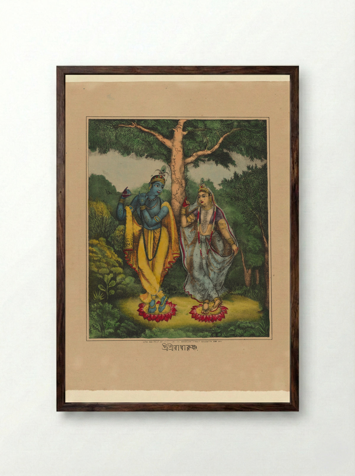Krishna Venugopala and Radha in a wooded glade - Krishnahari Das - Framed Print Dark Wood