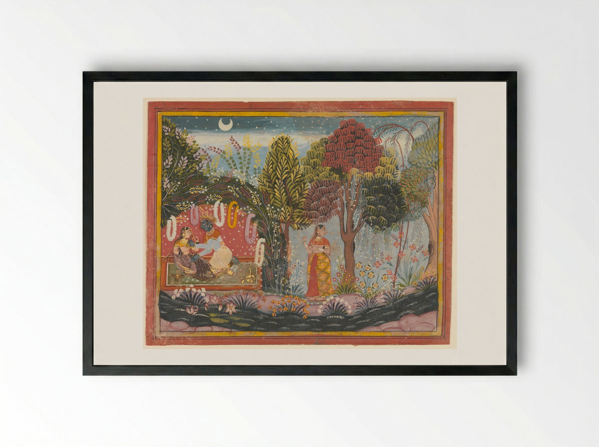 Krishna and Radha in a Bower - Sahibdin - Framed Print Black