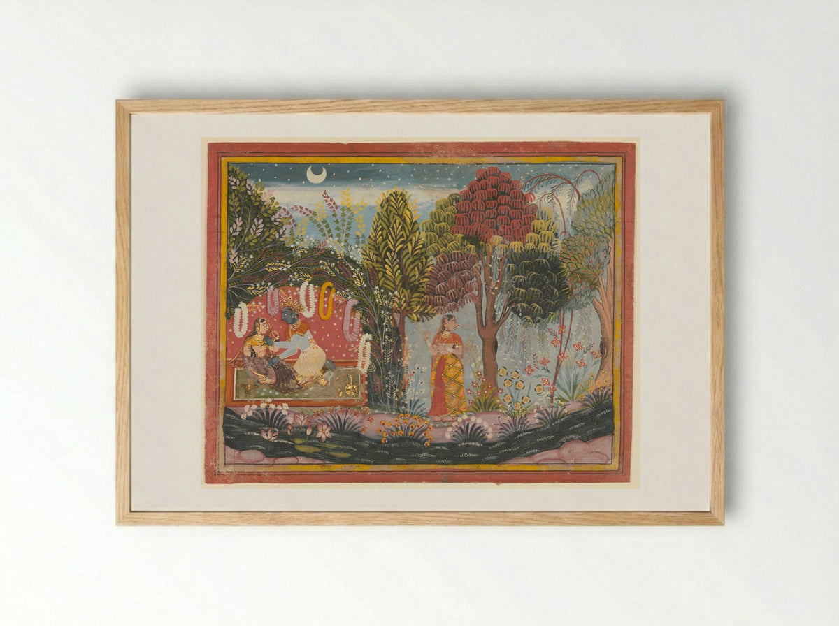 Krishna and Radha in a Bower - Sahibdin - Framed Print Wood
