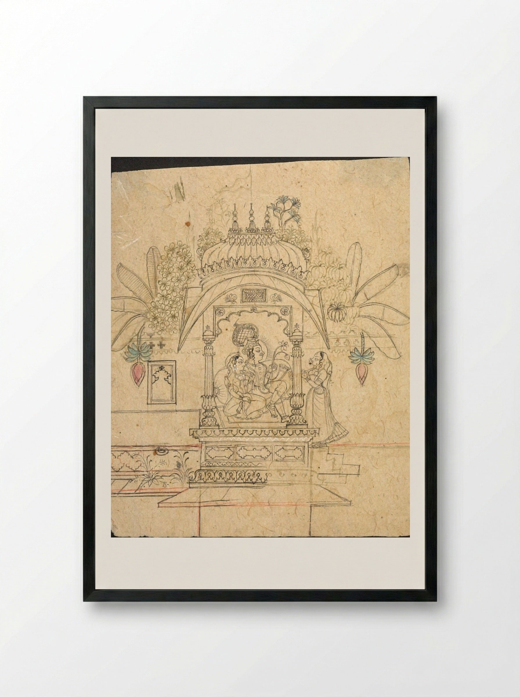 Krishna and Radha in a Pavilion - Unknown Artist - Framed Print Black