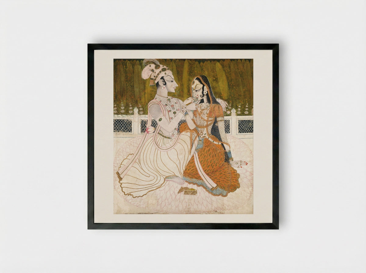 Krishna and Radha in a Pavilion - Unknown Indian Artist - Framed Print Black