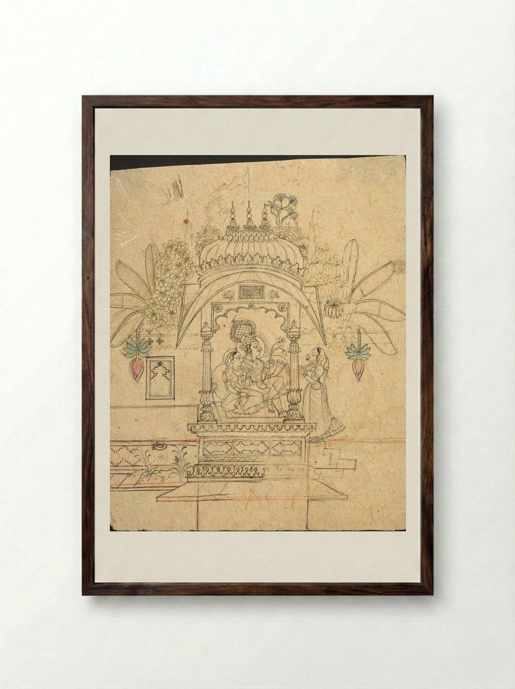 Krishna and Radha in a Pavilion - Unknown Artist - Framed Print Dark Wood