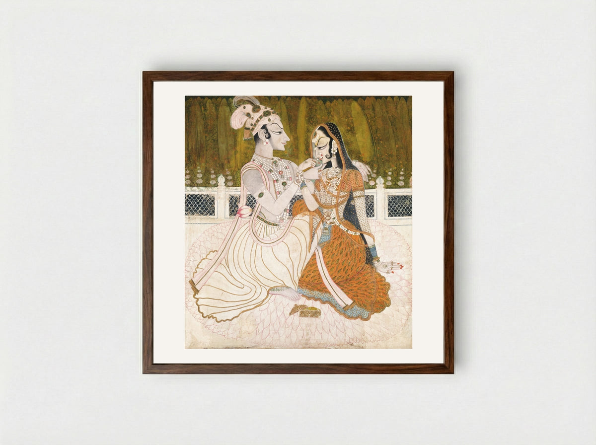 Krishna and Radha in a Pavilion - Unknown Indian Artist - Framed Print Dark Wood