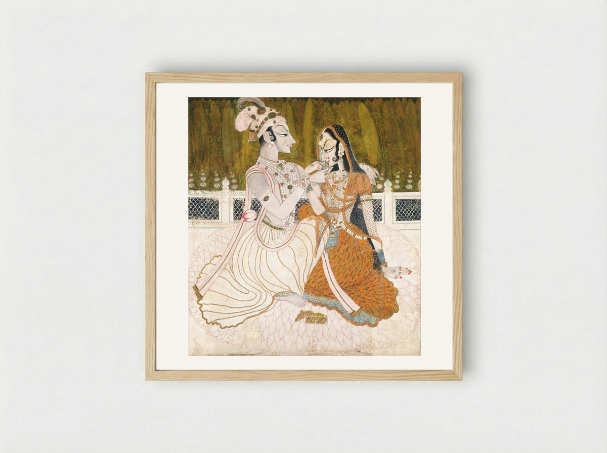 Krishna and Radha in a Pavilion - Unknown Indian Artist - Framed Print Wood