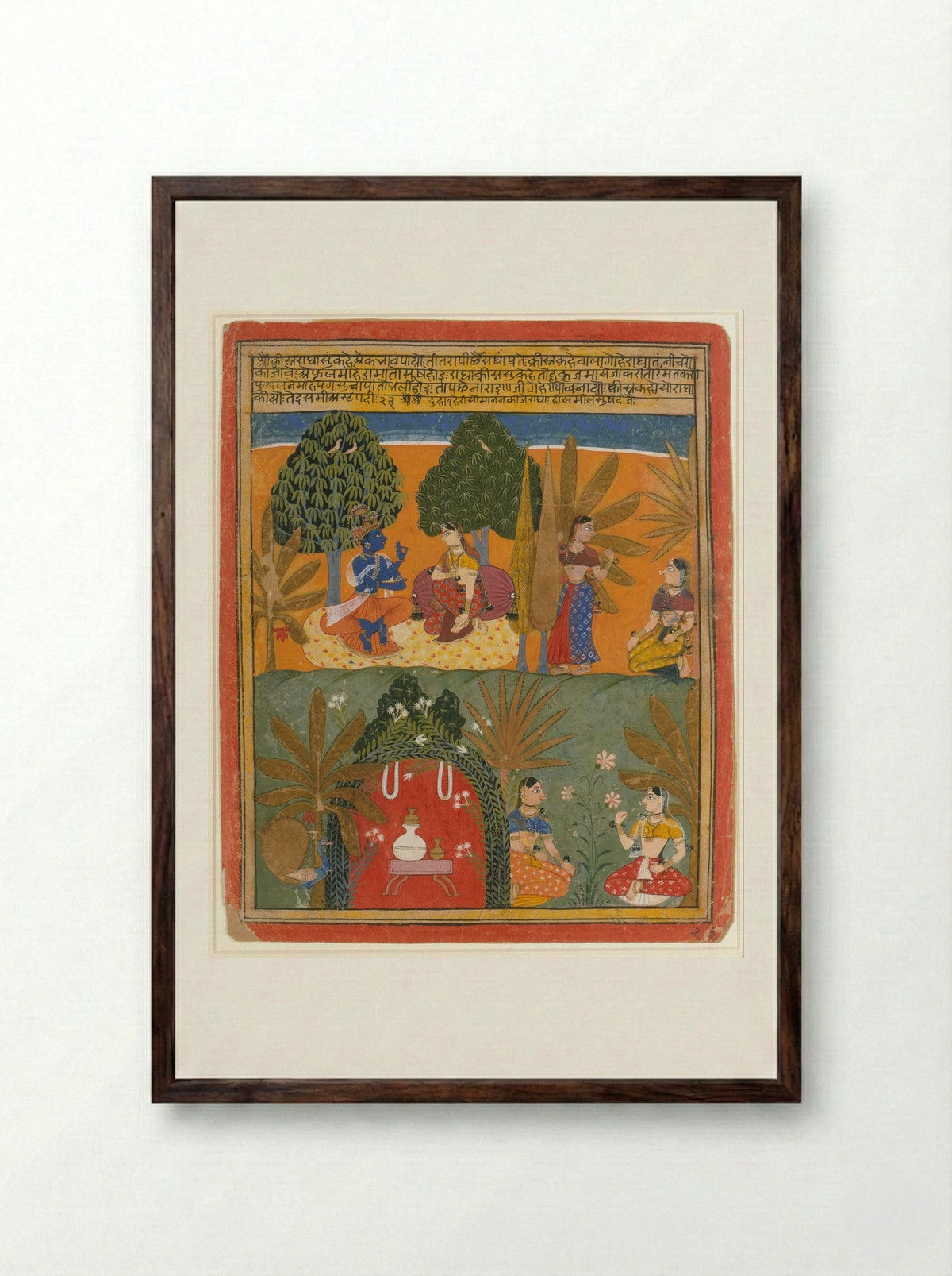 Krishna and Radha with Their Confidantes - Manohar - Framed Print Dark Wood