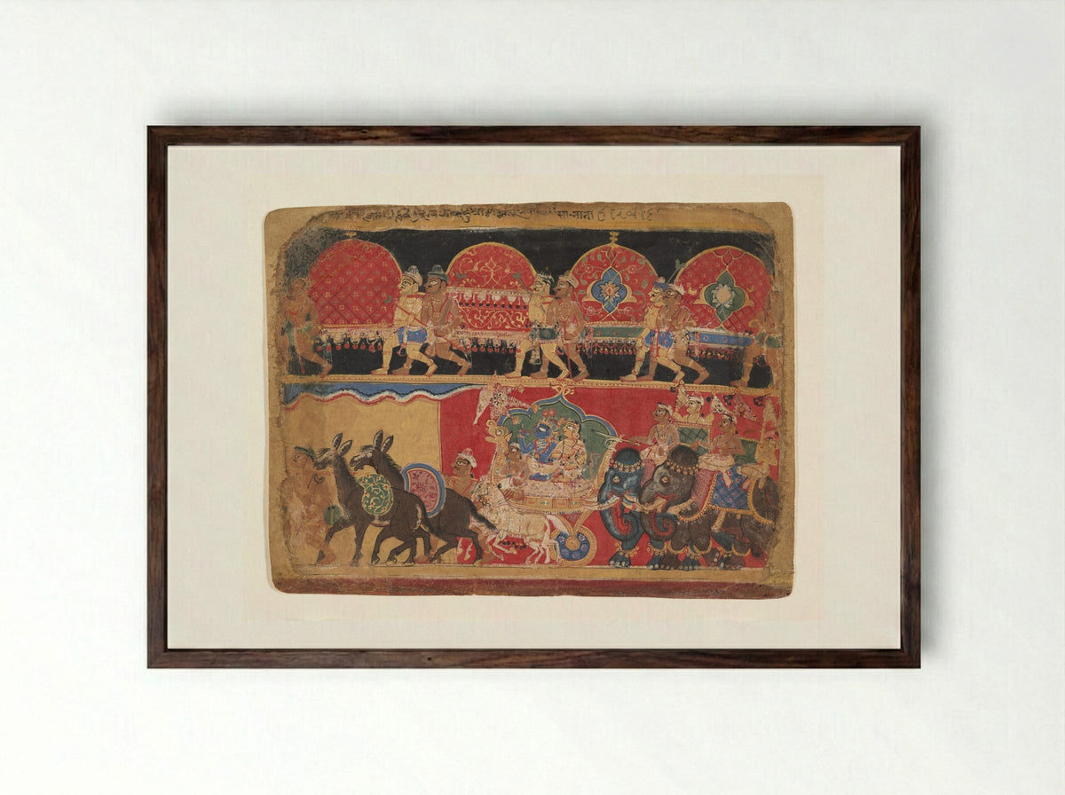 Krishna and the Kshatriya Maidens Proceed to Dvaraka - Sa Nana - Framed Print Dark Wood