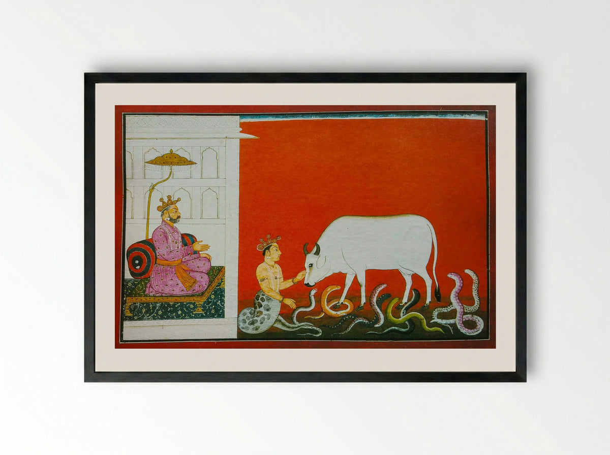 Krishna killing the crane demon Bakasura - Family of Manaku - Framed Print Black