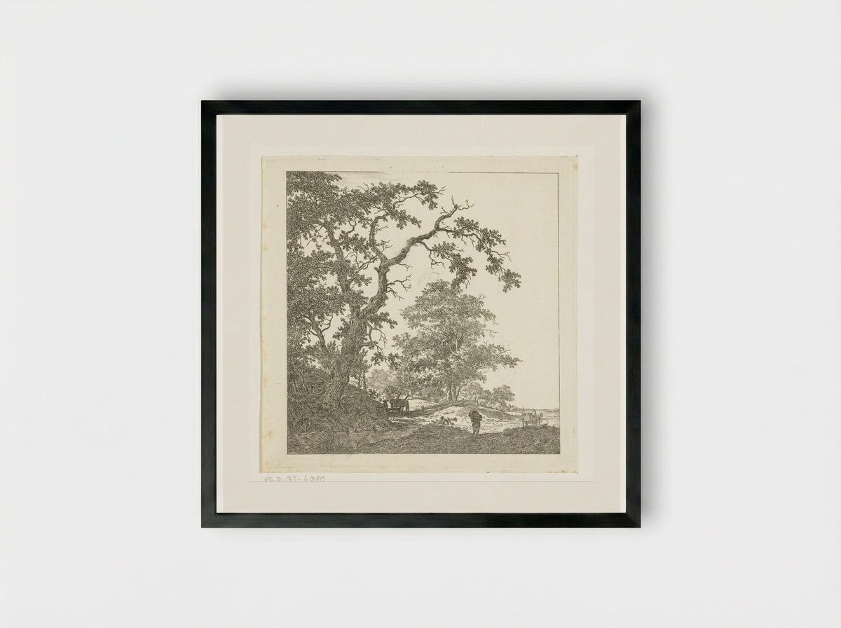 Kruisend zandpad met karren en man met pak op zijn rug - Hermanus van Brussel - Framed Print Black